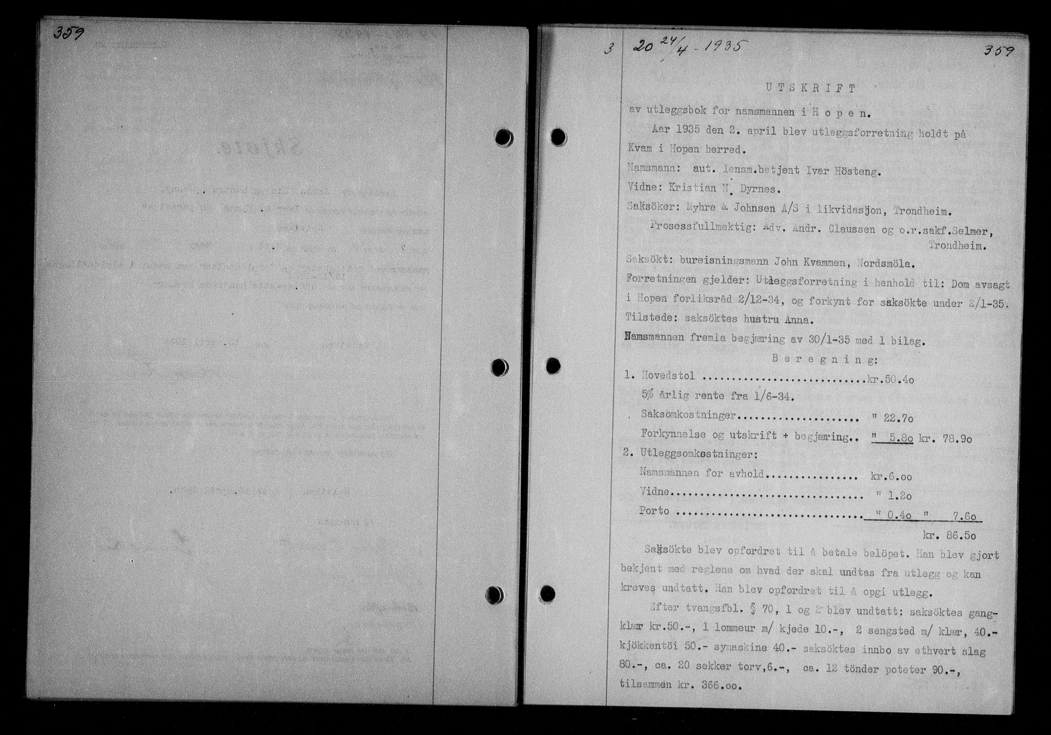 Nordmøre sorenskriveri, AV/SAT-A-4132/1/2/2Ca/L0084: Mortgage book no. 74, 1935-1935, Deed date: 24.04.1935