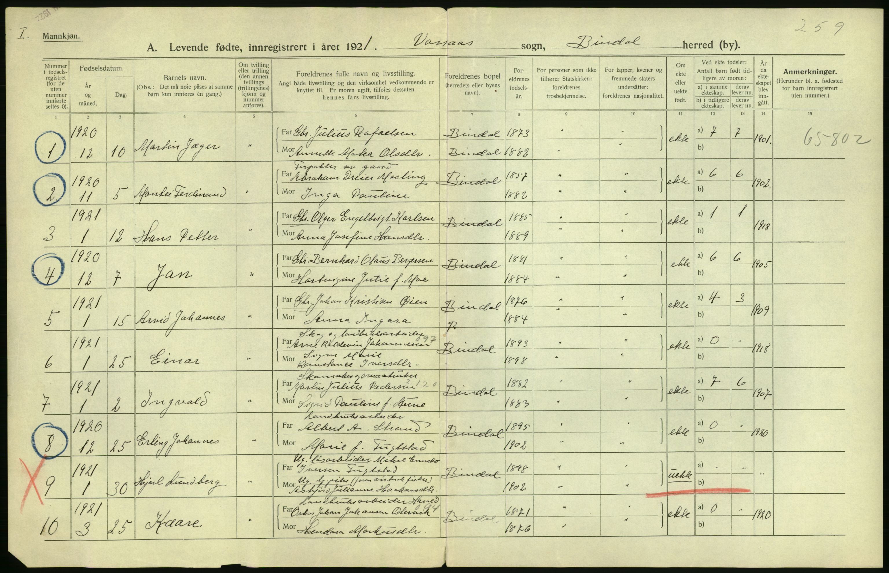 Statistisk sentralbyrå, Sosiodemografiske emner, Befolkning, AV/RA-S-2228/D/Df/Dfc/Dfca/L0049: Nordland fylke: Levendefødte menn og kvinner. Bygder., 1921, p. 458