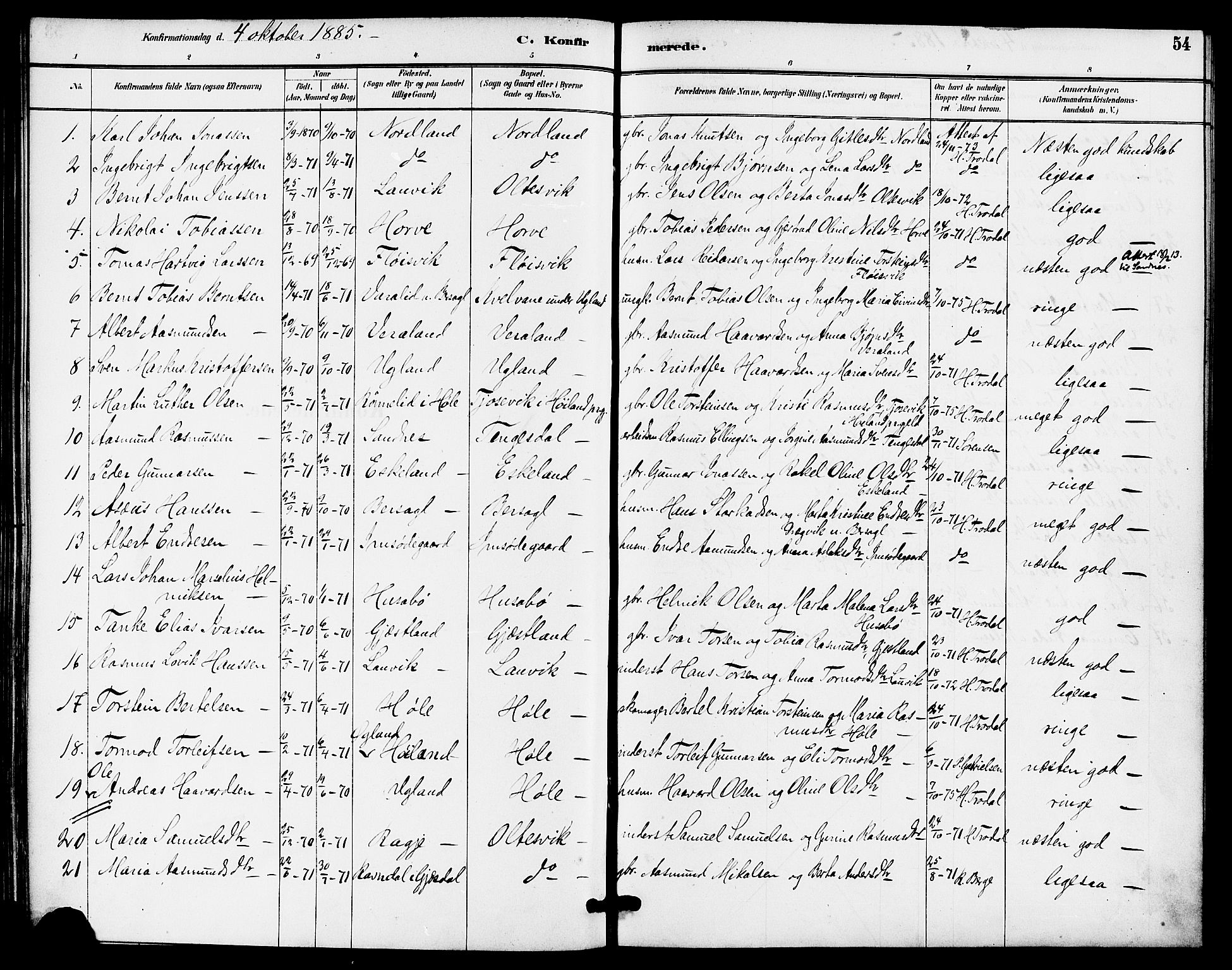 Høgsfjord sokneprestkontor, AV/SAST-A-101624/H/Ha/Haa/L0005: Parish register (official) no. A 5, 1885-1897, p. 54