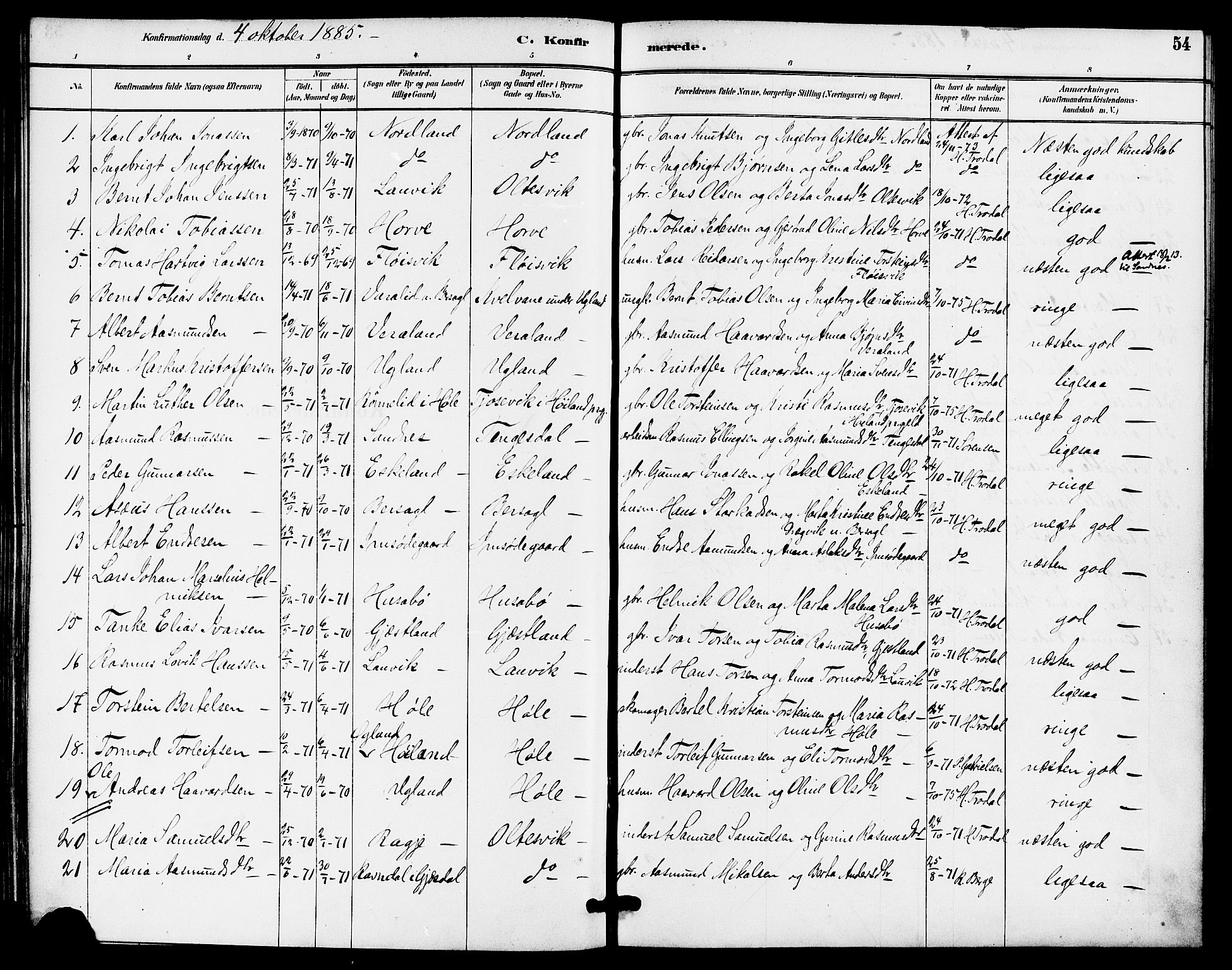 Høgsfjord sokneprestkontor, AV/SAST-A-101624/H/Ha/Haa/L0005: Parish register (official) no. A 5, 1885-1897, p. 54