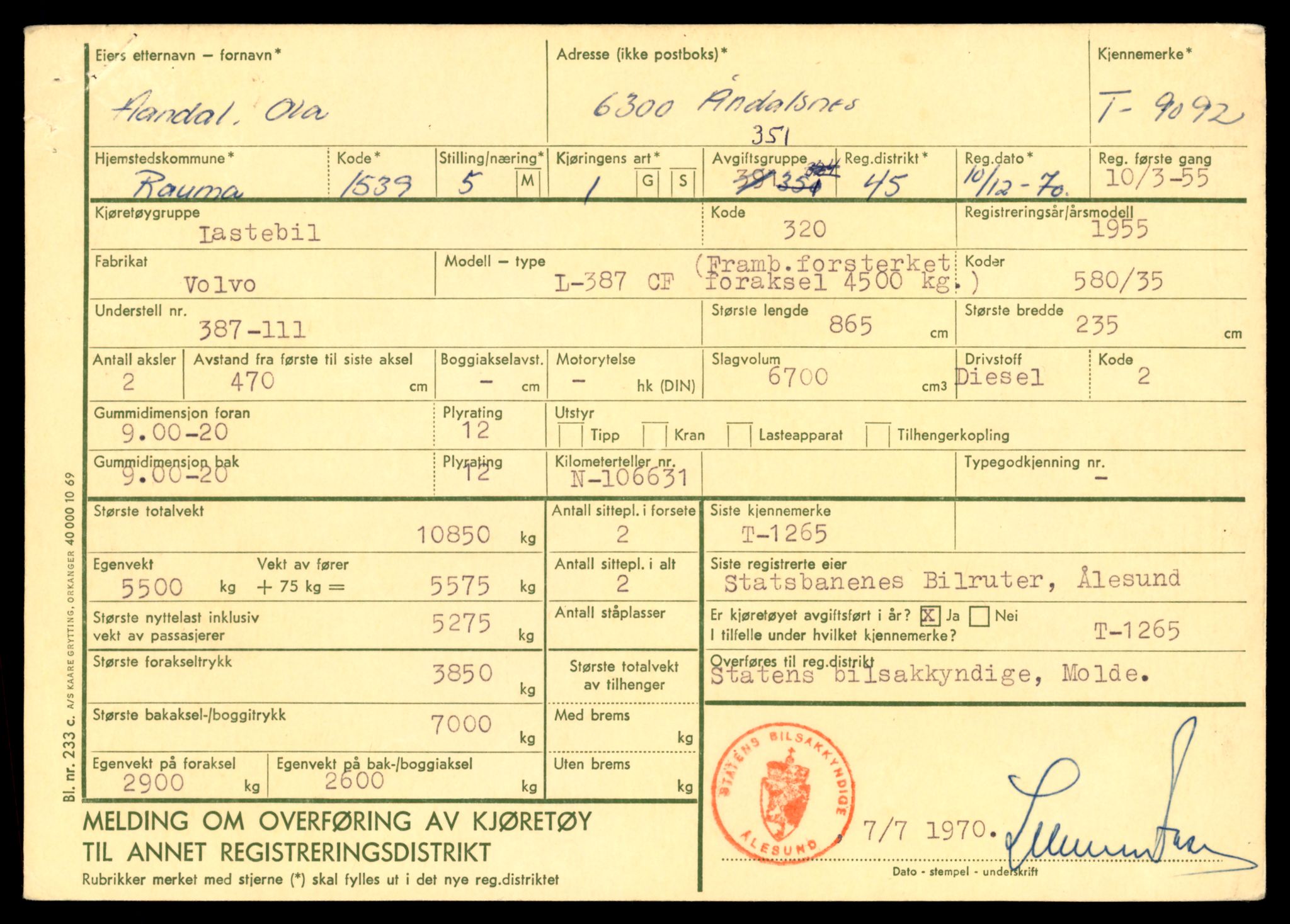 Møre og Romsdal vegkontor - Ålesund trafikkstasjon, AV/SAT-A-4099/F/Fe/L0017: Registreringskort for kjøretøy T 1985 - T 10090, 1927-1998, p. 909