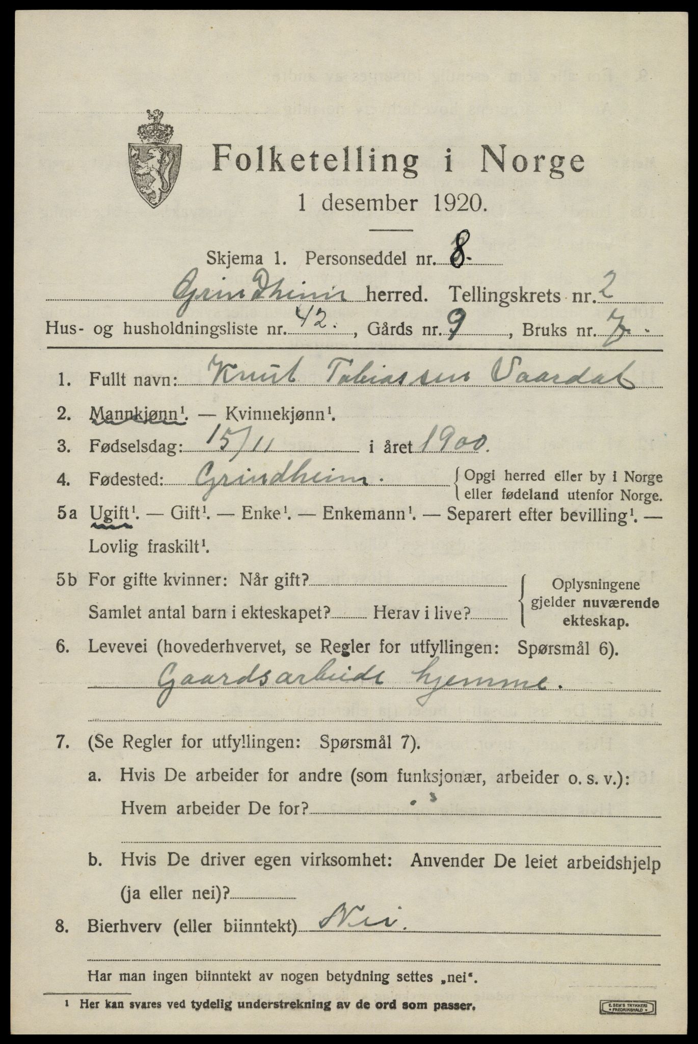 SAK, 1920 census for Grindheim, 1920, p. 883