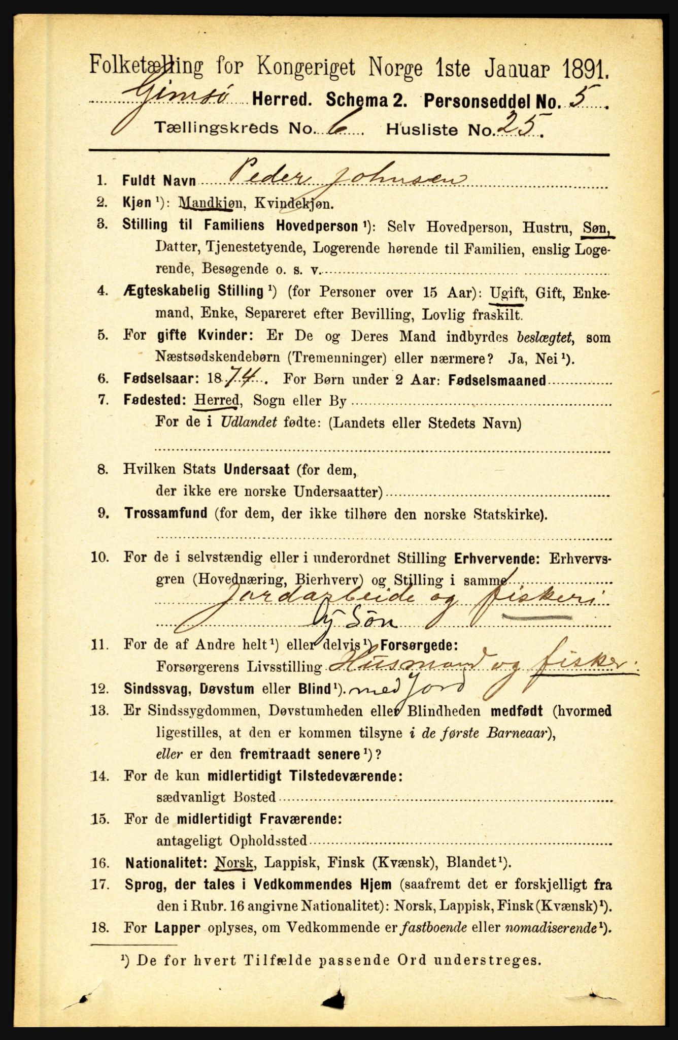 RA, 1891 census for 1864 Gimsøy, 1891, p. 1164