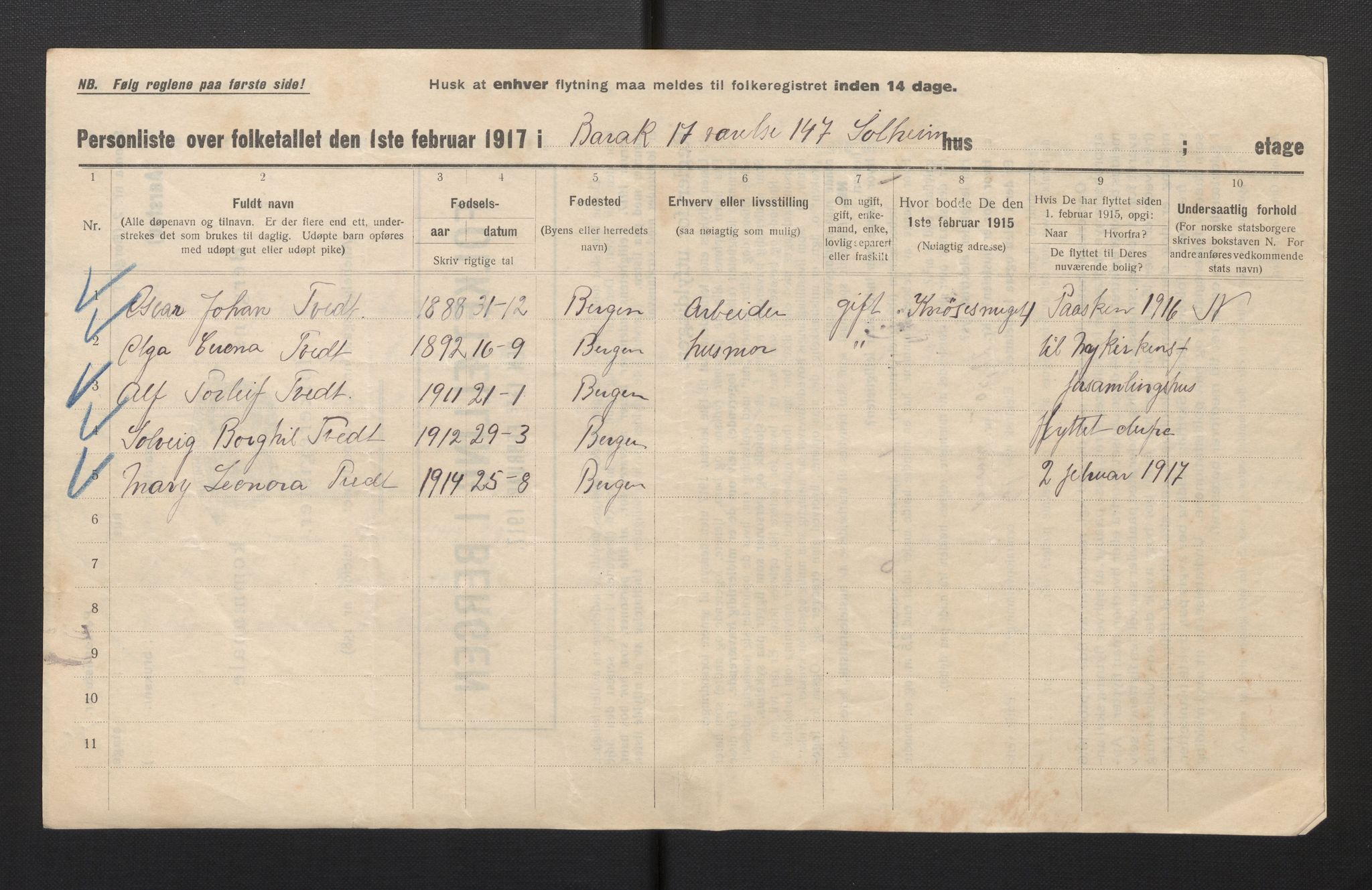 SAB, Municipal Census 1917 for Bergen, 1917, p. 48662