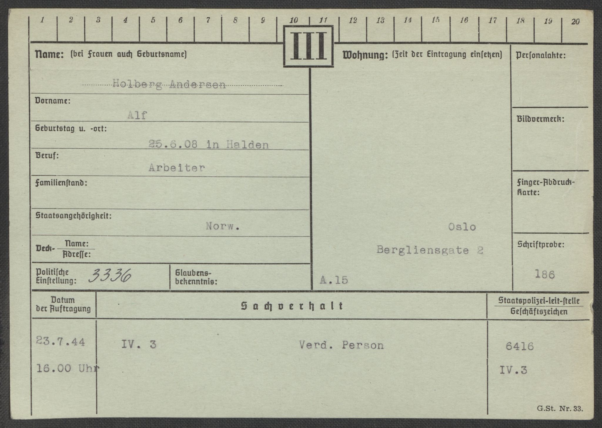 Befehlshaber der Sicherheitspolizei und des SD, RA/RAFA-5969/E/Ea/Eaa/L0001: Register over norske fanger i Møllergata 19: A-Bj, 1940-1945, p. 150