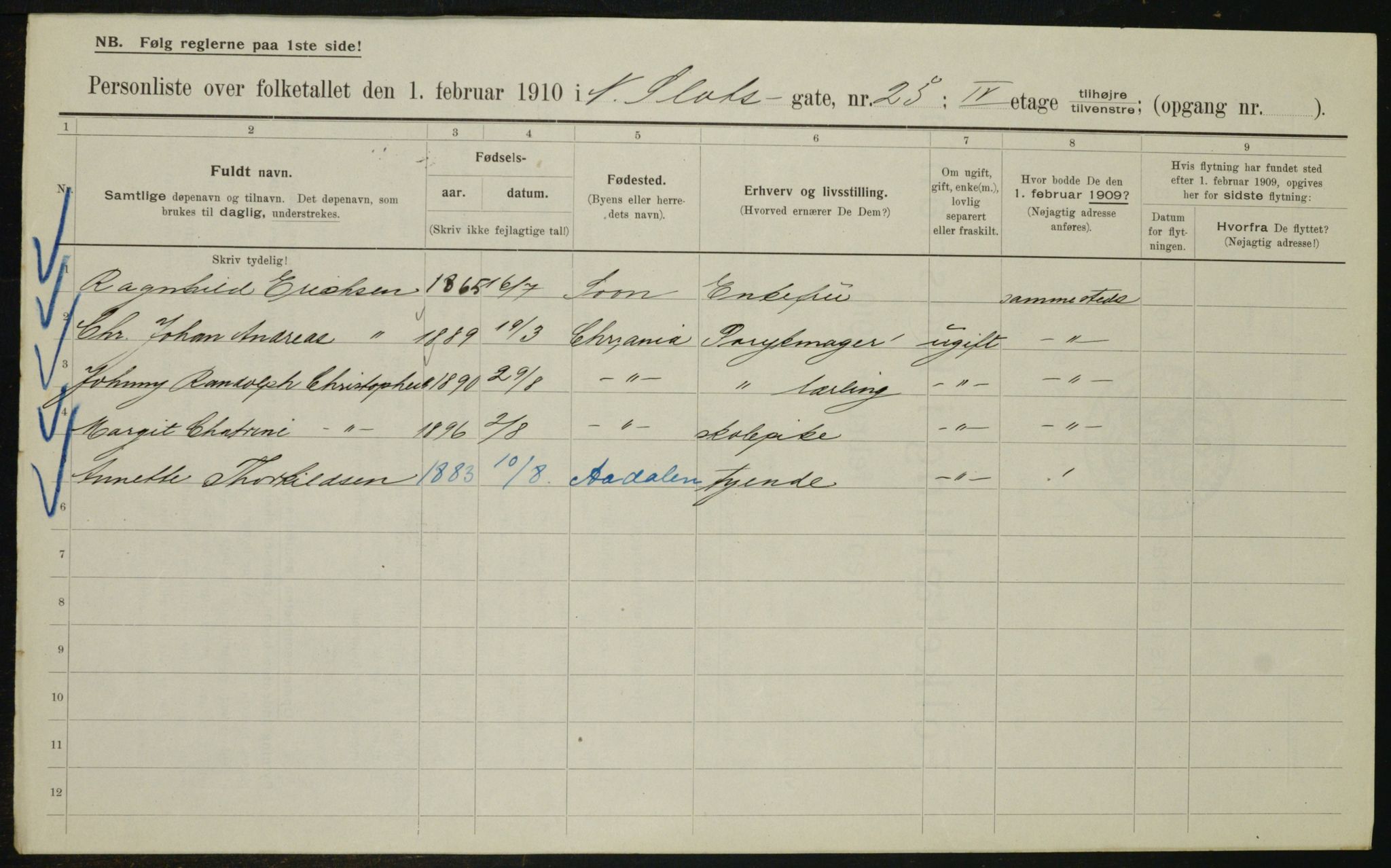 OBA, Municipal Census 1910 for Kristiania, 1910, p. 67205