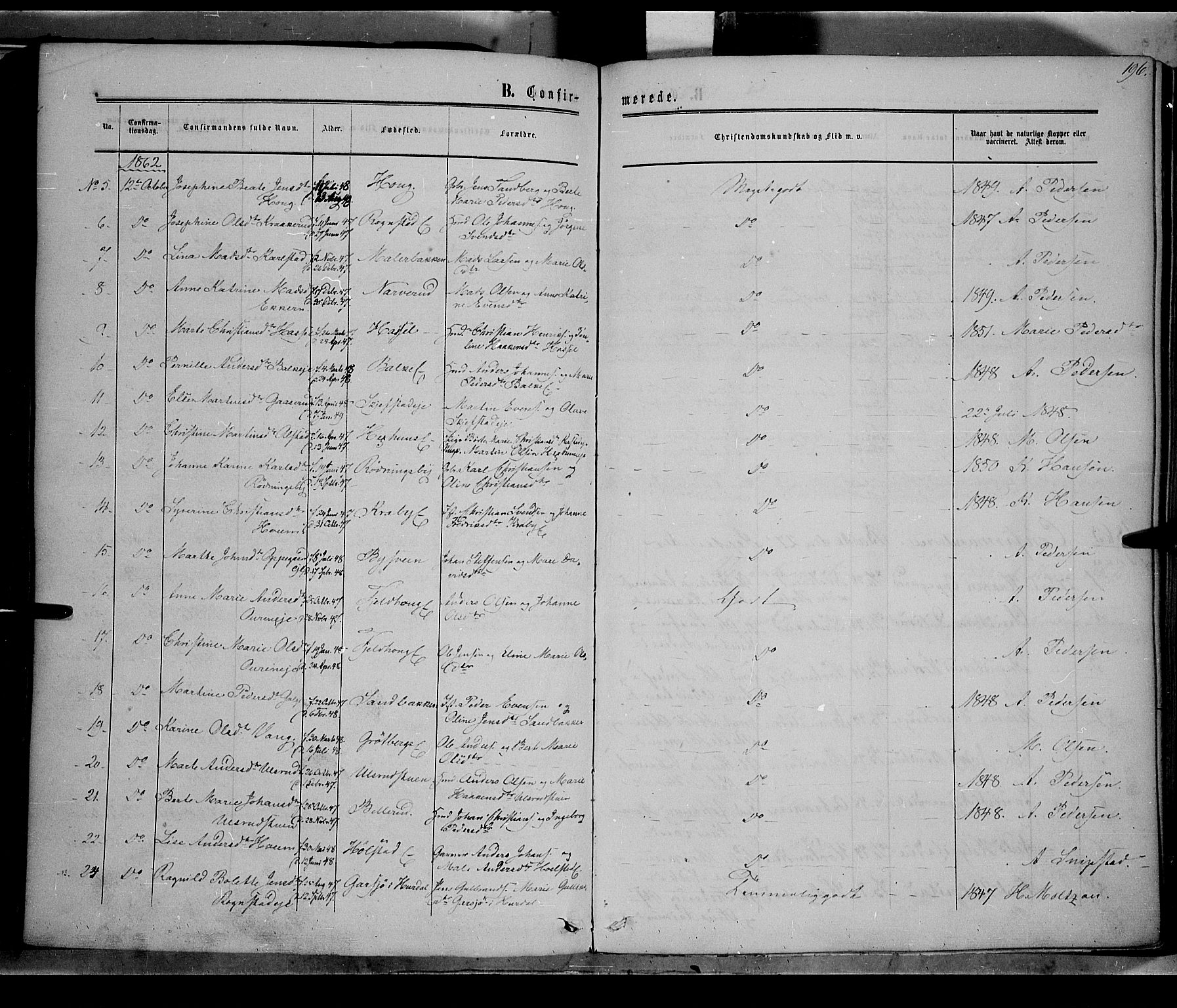 Østre Toten prestekontor, SAH/PREST-104/H/Ha/Haa/L0004: Parish register (official) no. 4, 1857-1865, p. 196