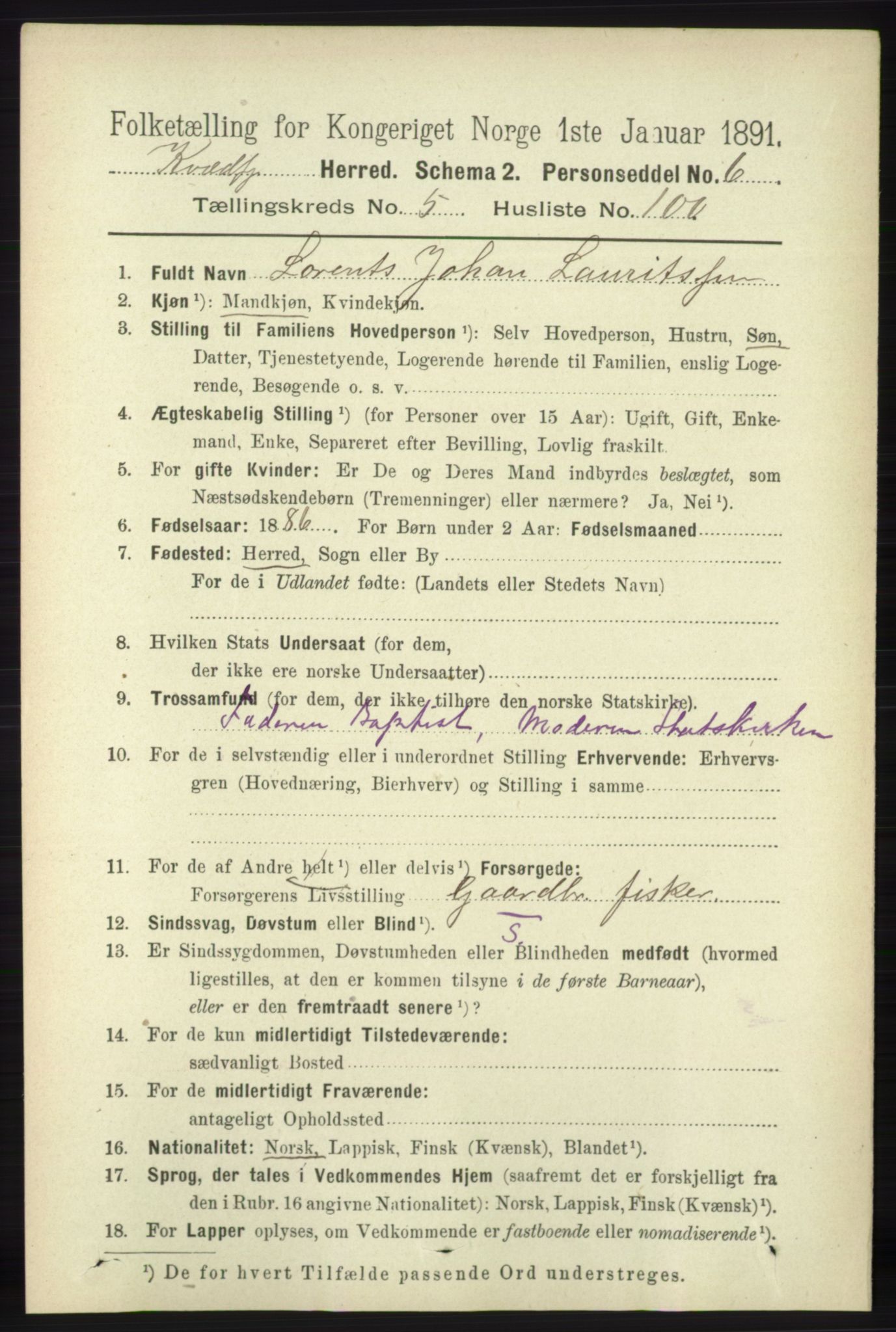 RA, 1891 census for 1911 Kvæfjord, 1891, p. 3472