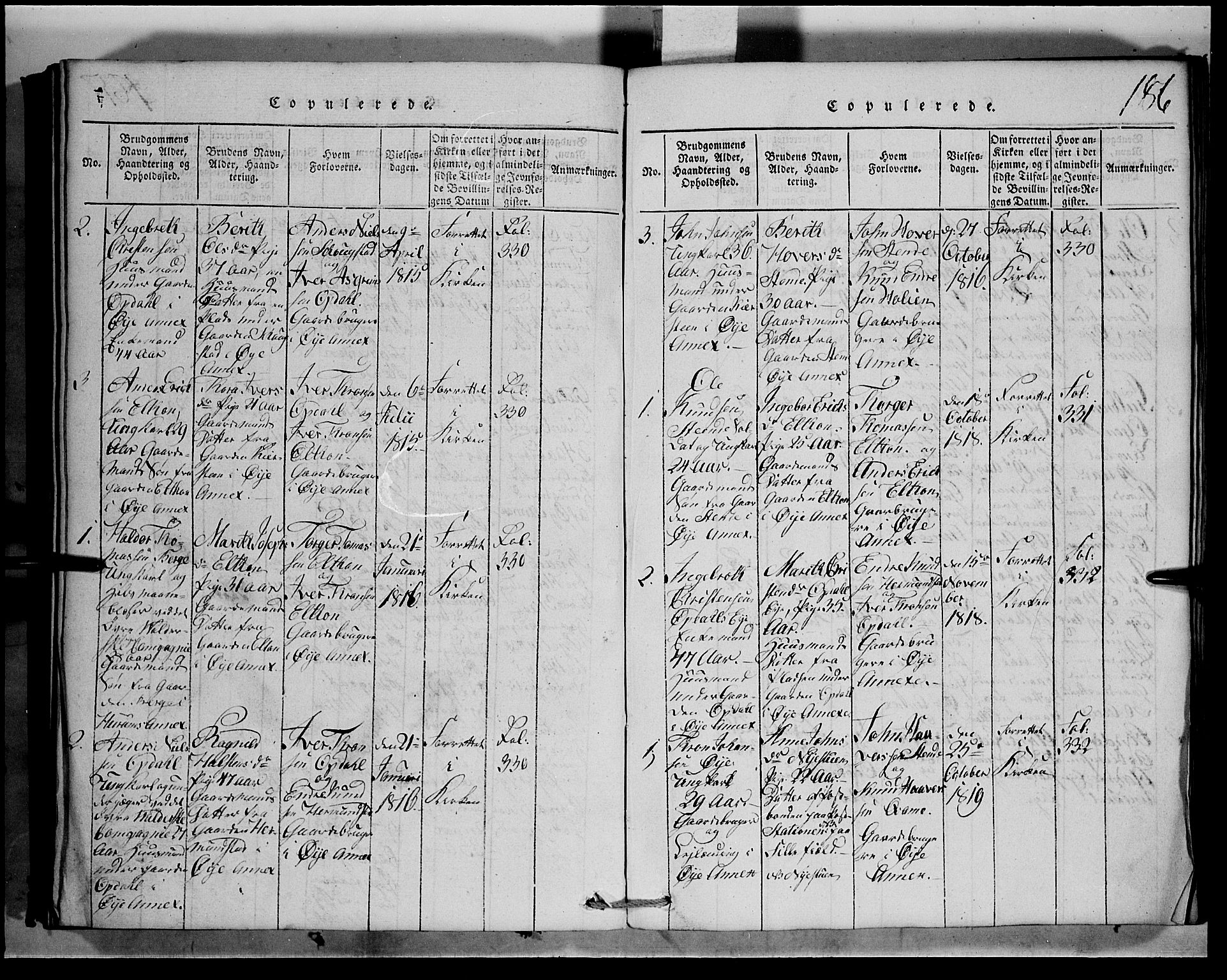 Vang prestekontor, Valdres, SAH/PREST-140/H/Hb/L0001: Parish register (copy) no. 1, 1814-1820, p. 186