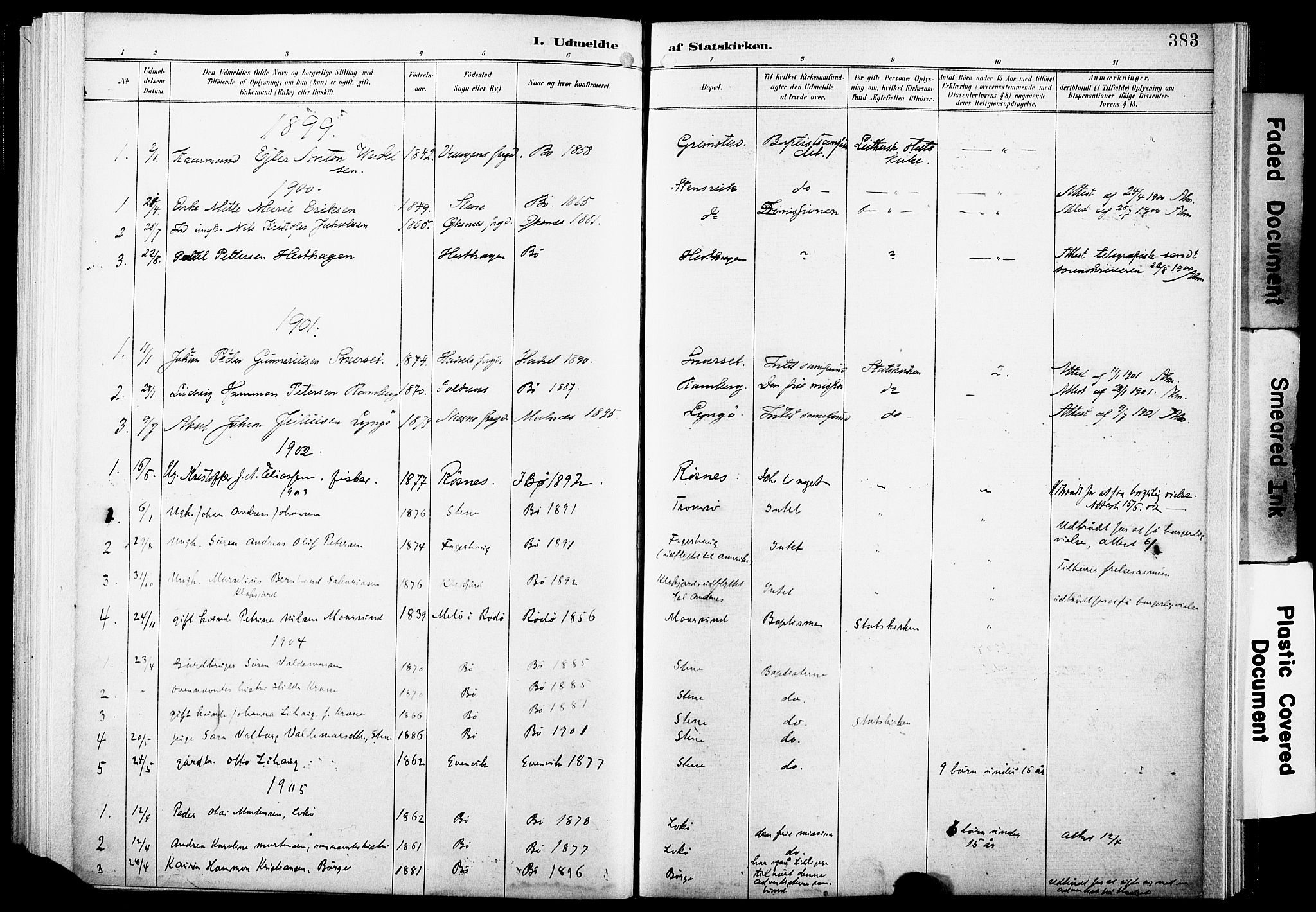 Ministerialprotokoller, klokkerbøker og fødselsregistre - Nordland, AV/SAT-A-1459/891/L1305: Parish register (official) no. 891A10, 1895-1921, p. 383