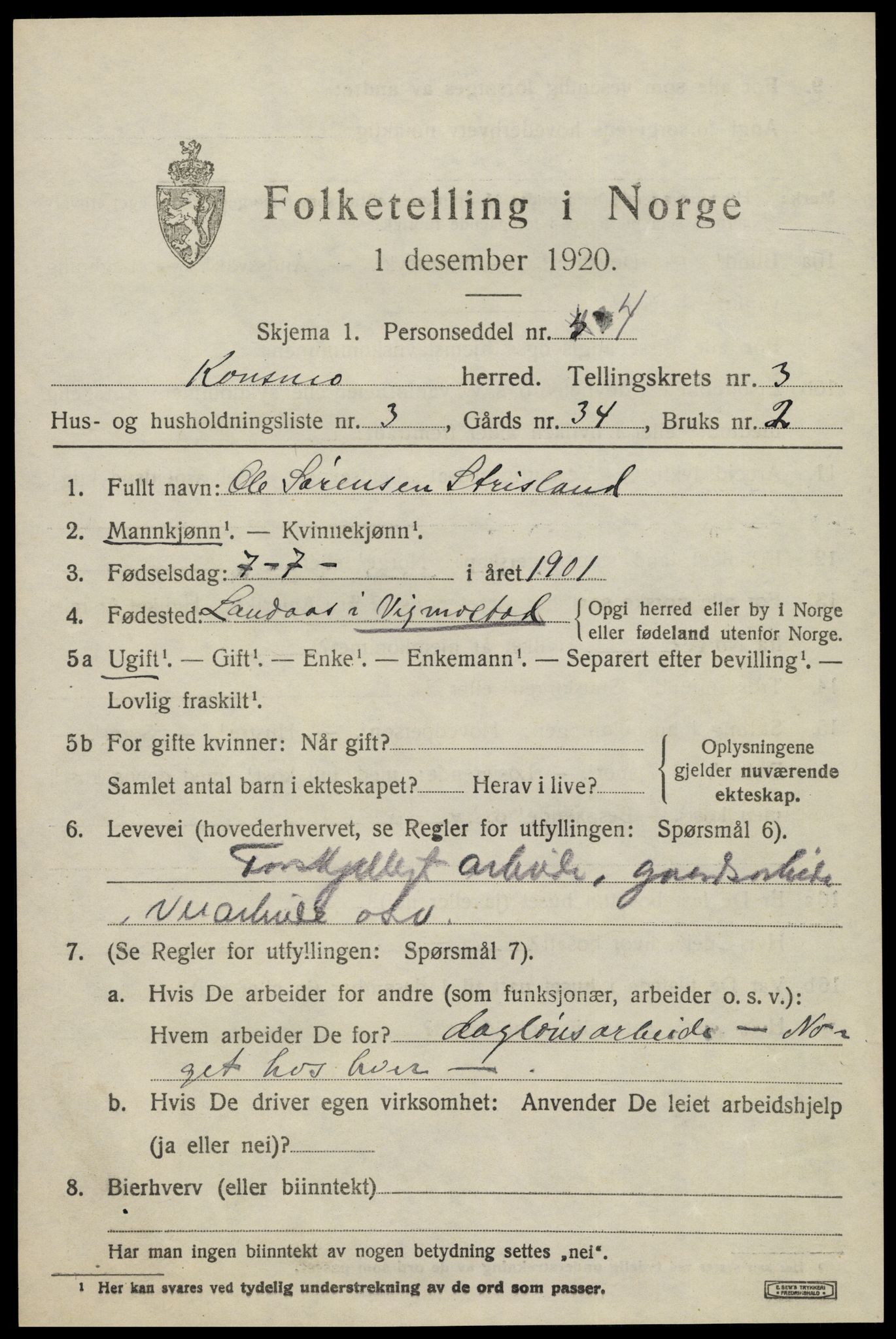 SAK, 1920 census for Konsmo, 1920, p. 1150