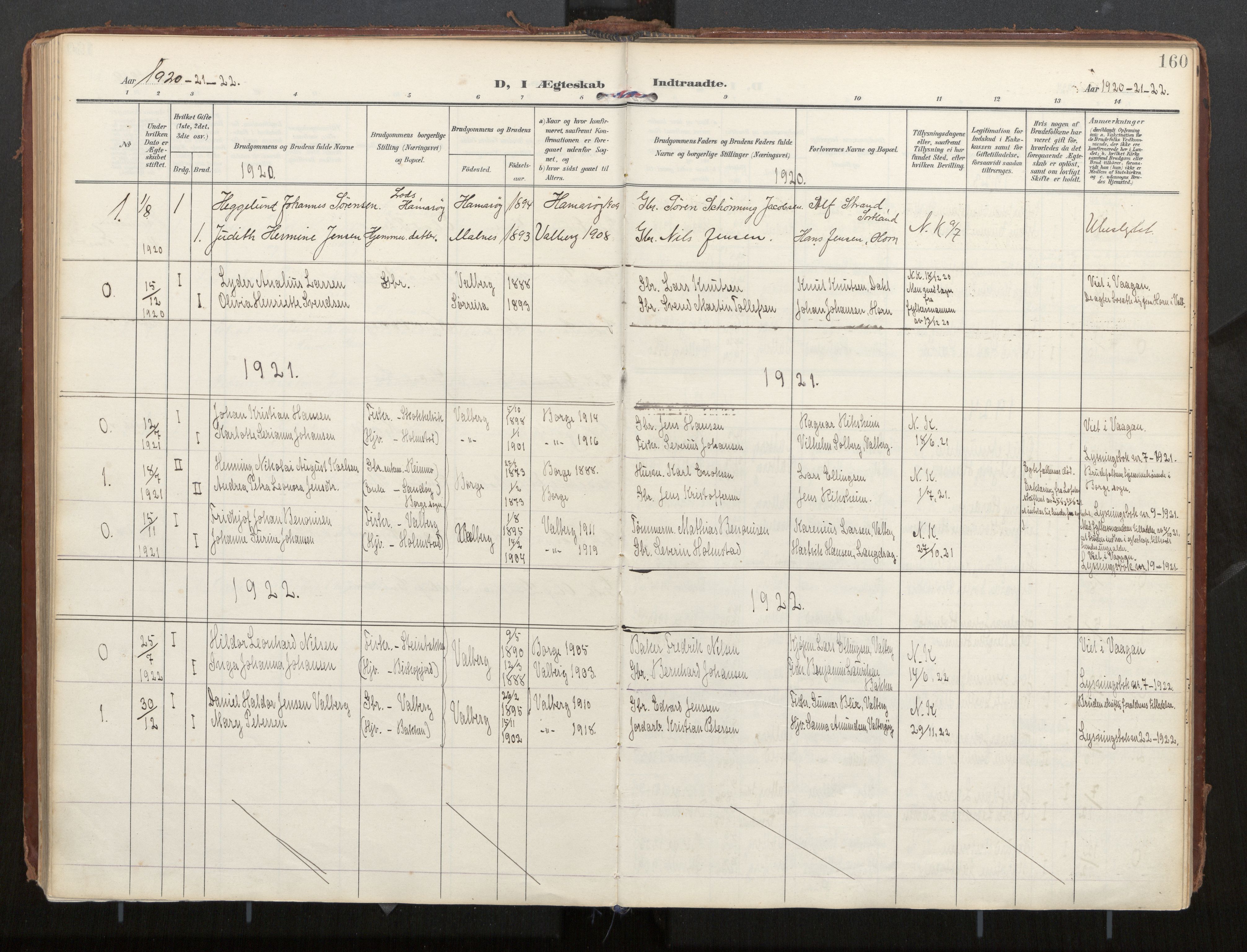 Ministerialprotokoller, klokkerbøker og fødselsregistre - Nordland, AV/SAT-A-1459/884/L1194: Parish register (official) no. 884A02, 1906-1937, p. 160