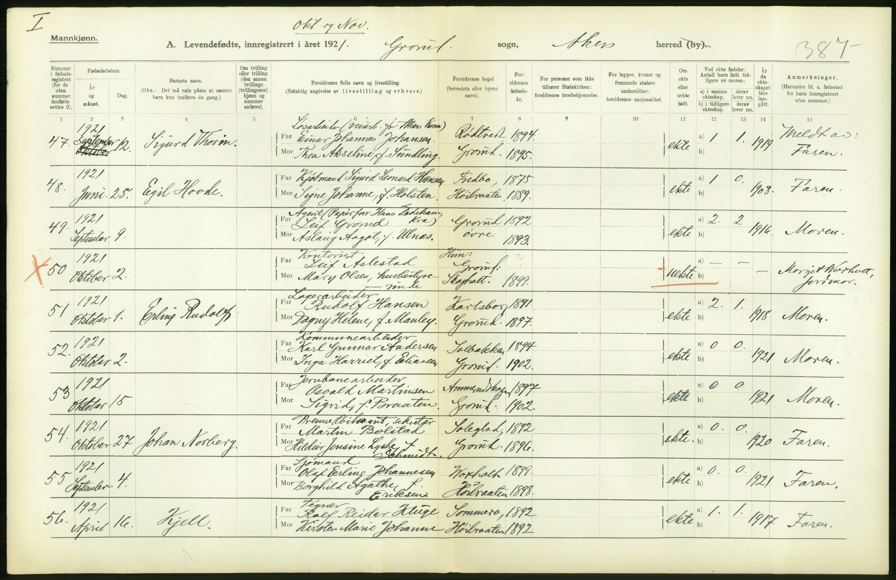 Statistisk sentralbyrå, Sosiodemografiske emner, Befolkning, AV/RA-S-2228/D/Df/Dfc/Dfca/L0004: Akershus fylke: Levendefødte menn og kvinner. Bygder., 1921, p. 86