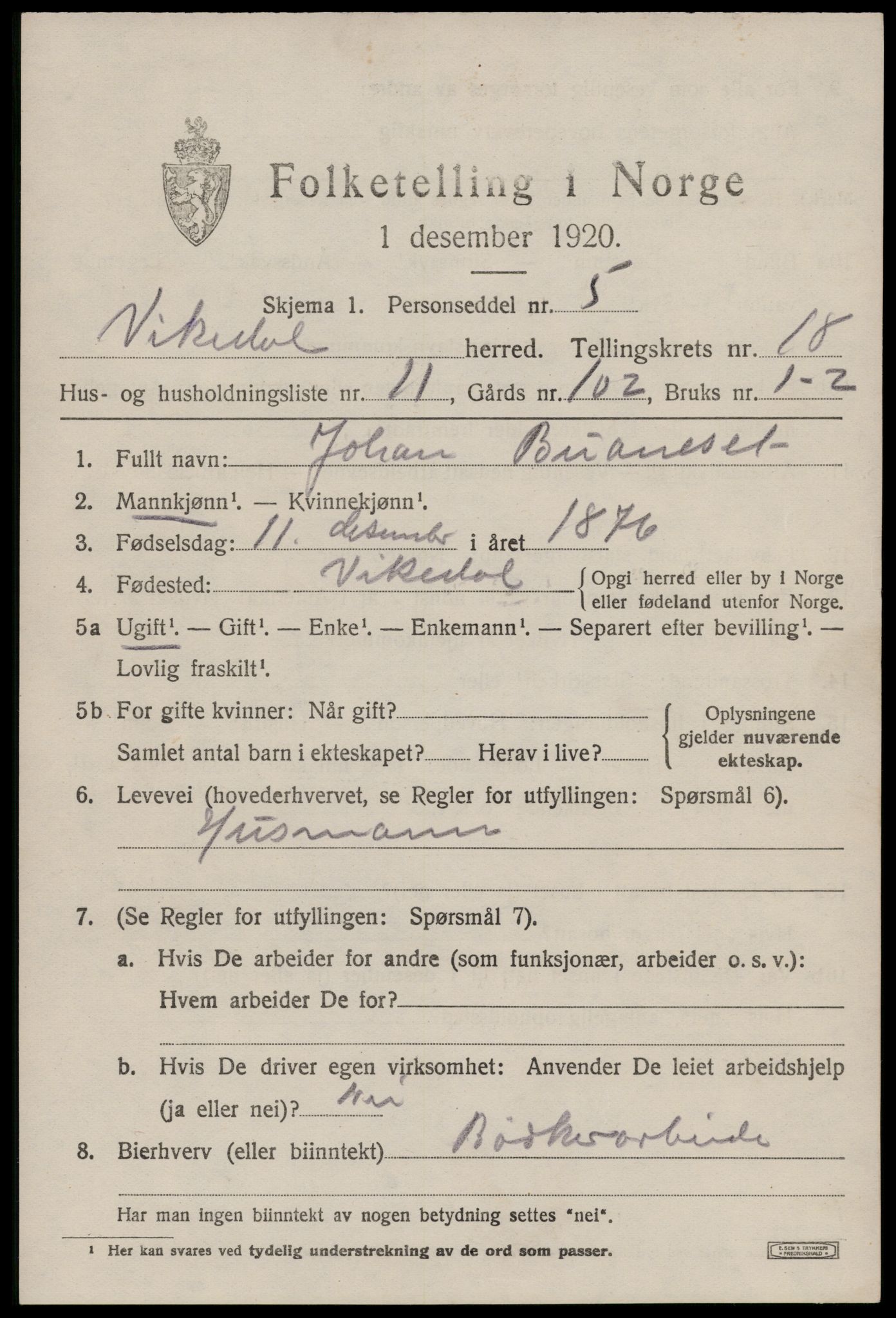 SAST, 1920 census for Vikedal, 1920, p. 5299