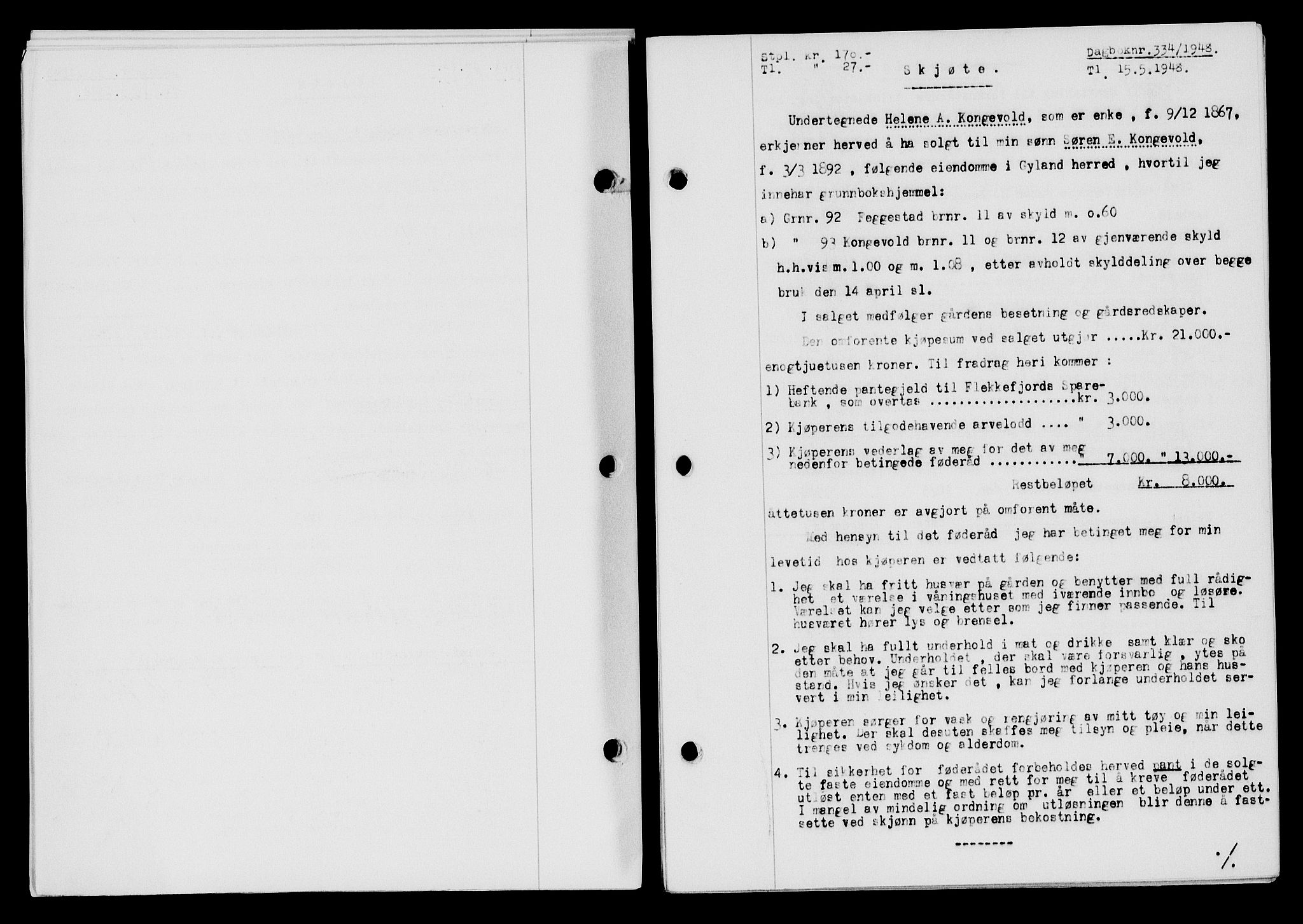 Flekkefjord sorenskriveri, SAK/1221-0001/G/Gb/Gba/L0063: Mortgage book no. A-11, 1947-1948, Diary no: : 334/1948