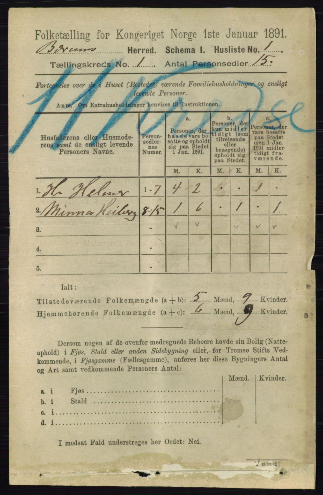 RA, 1891 census for 0219 Bærum, 1891, p. 42