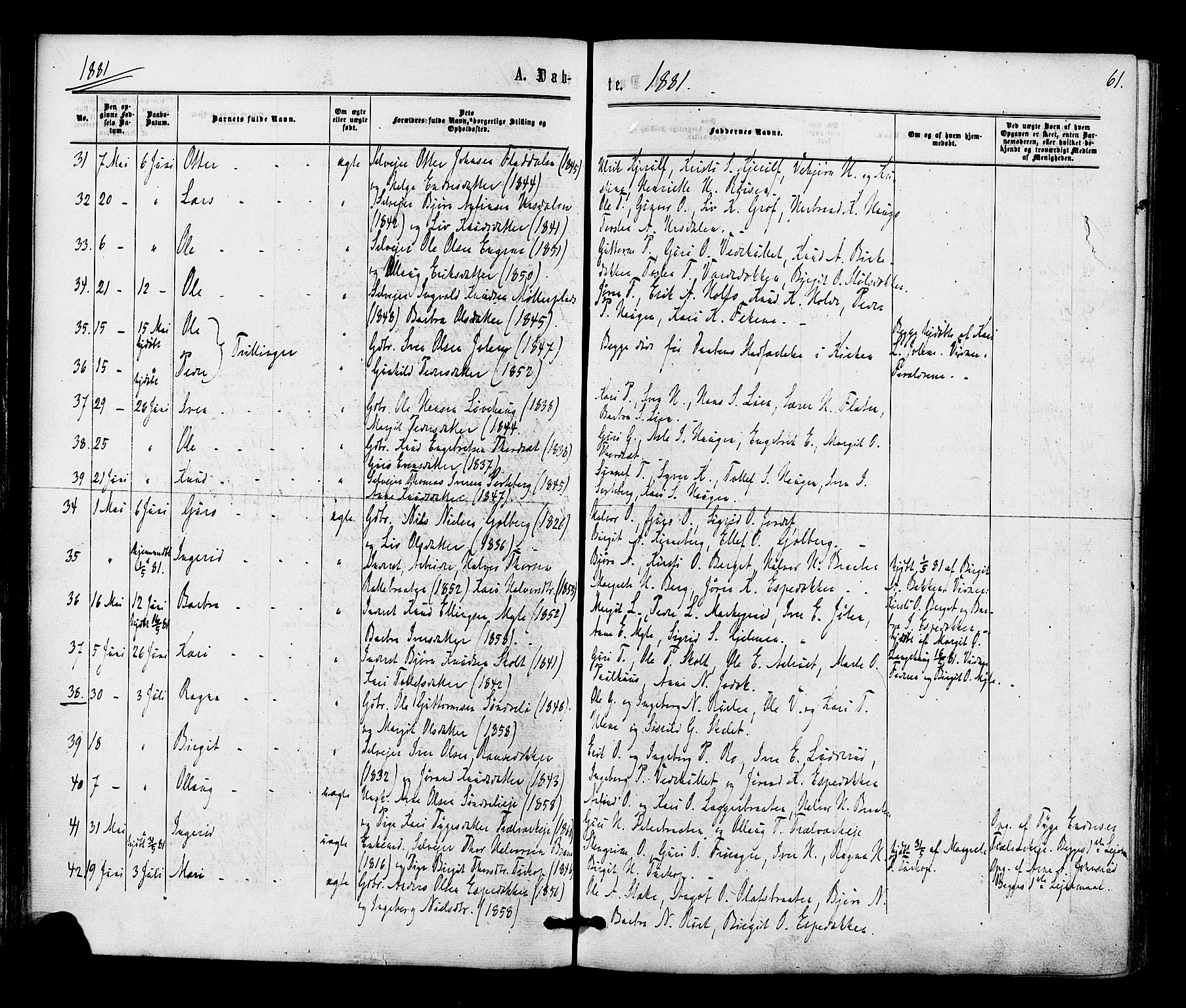 Gol kirkebøker, AV/SAKO-A-226/F/Fa/L0004: Parish register (official) no. I 4, 1876-1886, p. 61