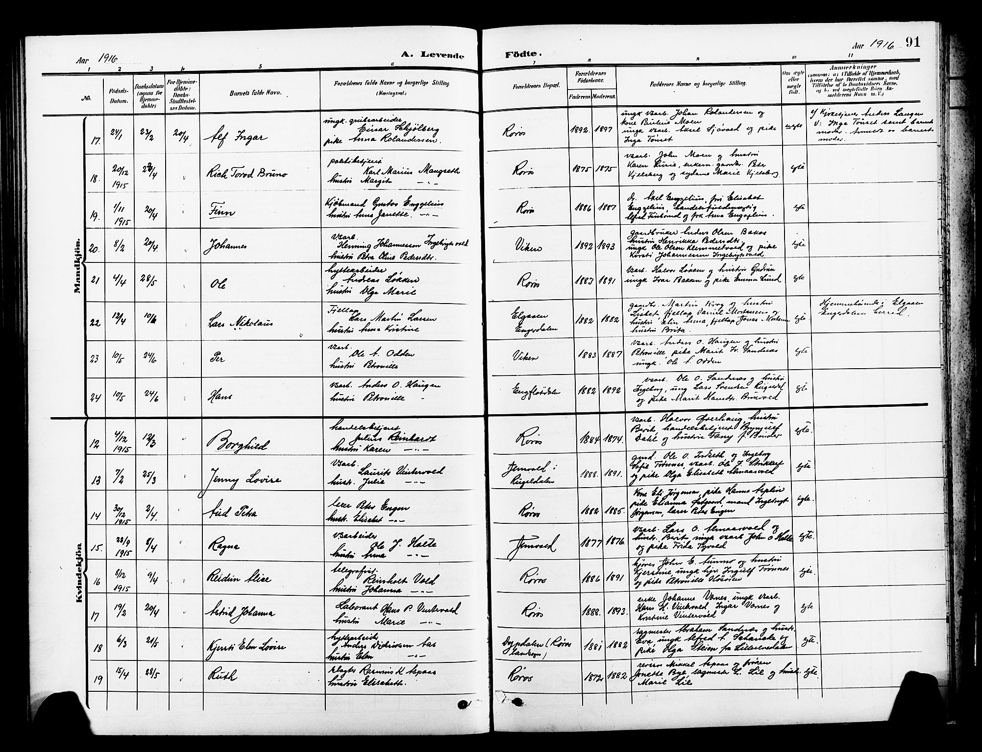 Ministerialprotokoller, klokkerbøker og fødselsregistre - Sør-Trøndelag, SAT/A-1456/681/L0942: Parish register (copy) no. 681C06, 1906-1925, p. 91