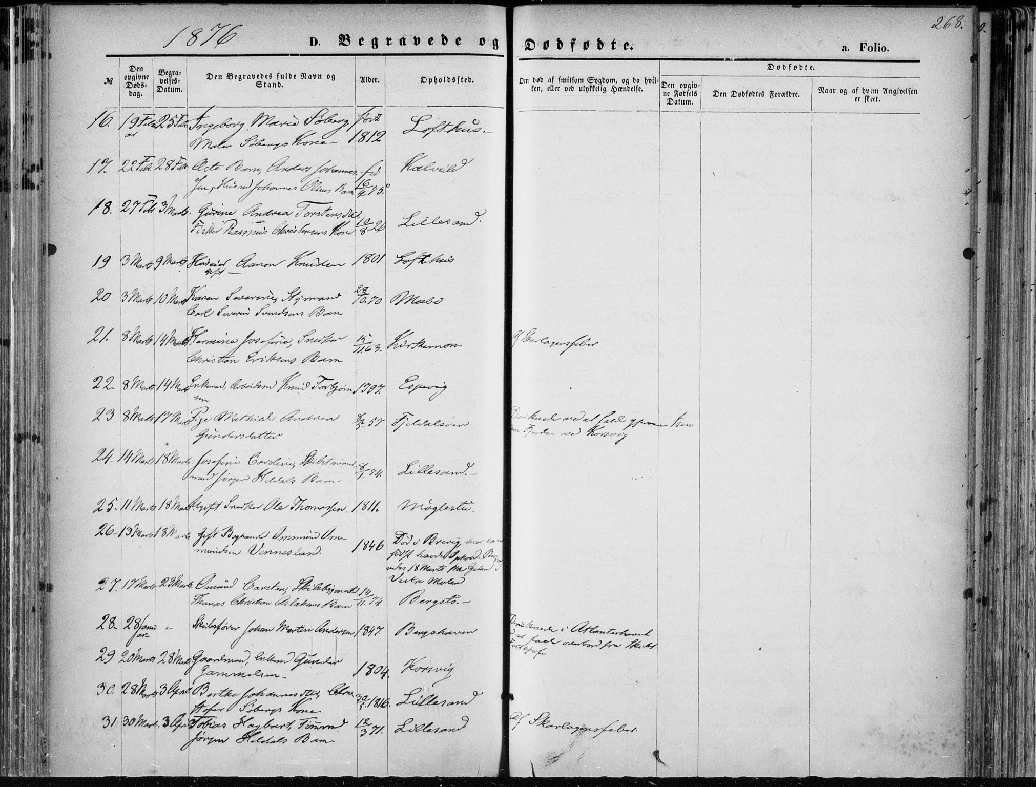 Vestre Moland sokneprestkontor, AV/SAK-1111-0046/F/Fa/Fab/L0008: Parish register (official) no. A 8, 1873-1883, p. 268