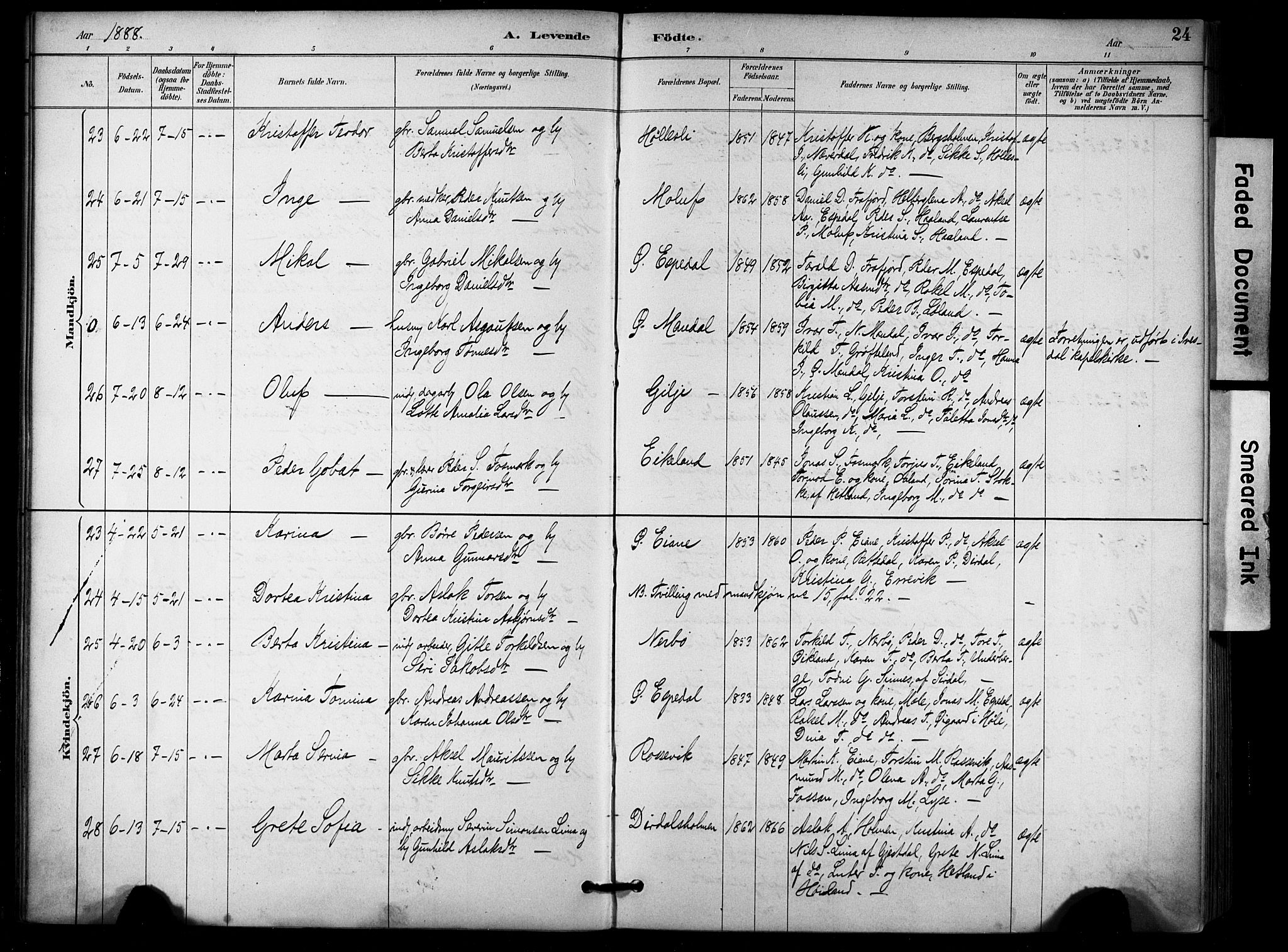 Høgsfjord sokneprestkontor, SAST/A-101624/H/Ha/Haa/L0006: Parish register (official) no. A 6, 1885-1897, p. 24