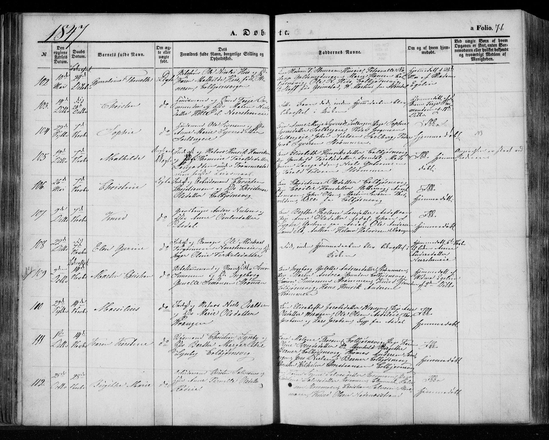 Øyestad sokneprestkontor, AV/SAK-1111-0049/F/Fa/L0014: Parish register (official) no. A 14, 1843-1856, p. 71