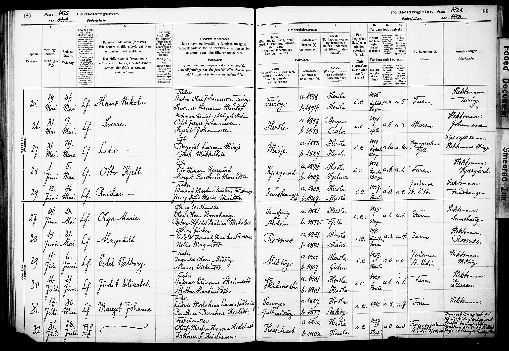 Herdla Sokneprestembete, AV/SAB-A-75701/I/Id/L00A1: Birth register no. A 1, 1916-1929, p. 186