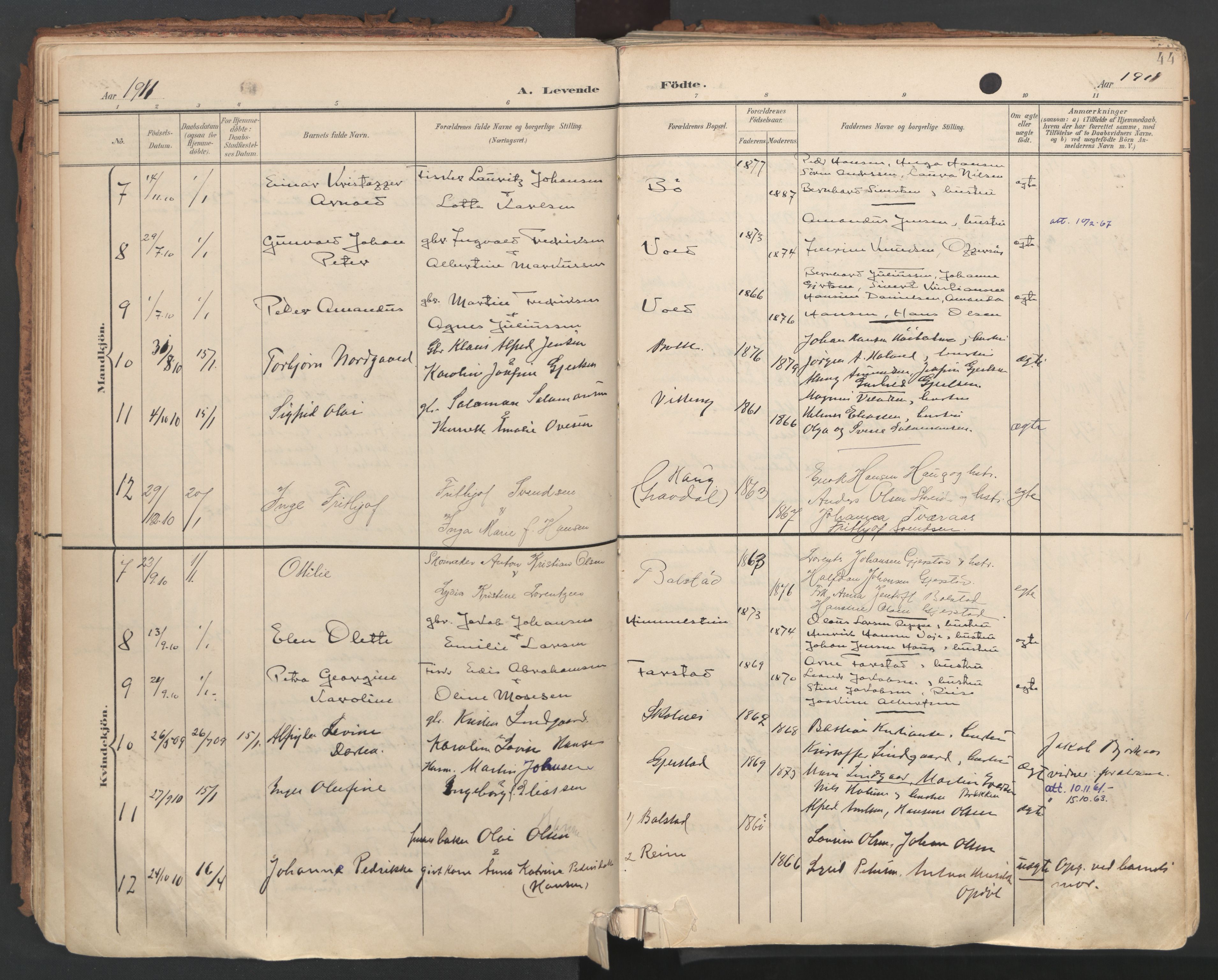 Ministerialprotokoller, klokkerbøker og fødselsregistre - Nordland, AV/SAT-A-1459/881/L1154: Parish register (official) no. 881A07, 1907-1918, p. 44