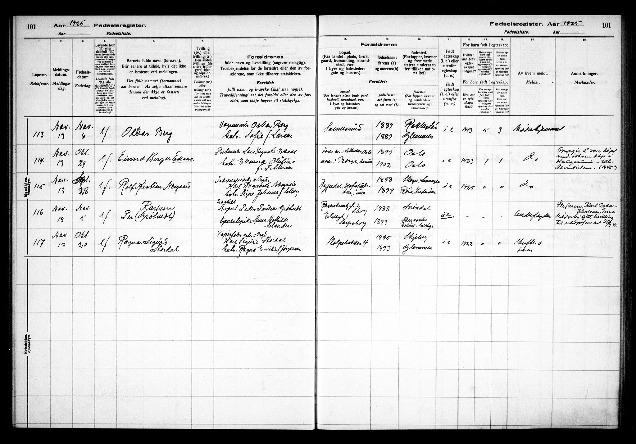 Sarpsborg prestekontor Kirkebøker, AV/SAO-A-2006/J/Ja/L0002: Birth register no. 2, 1922-1928, p. 101