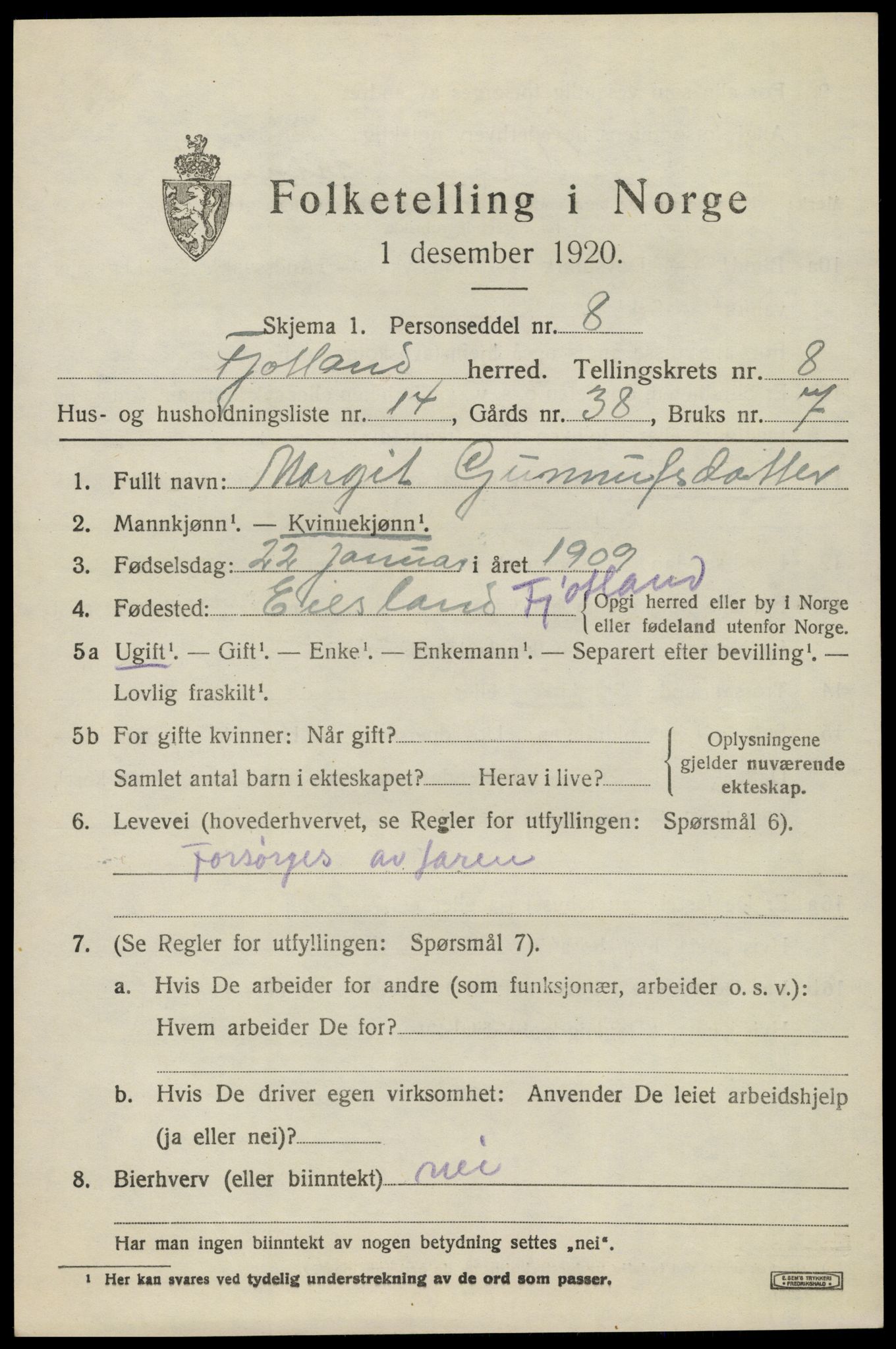 SAK, 1920 census for Fjotland, 1920, p. 2156