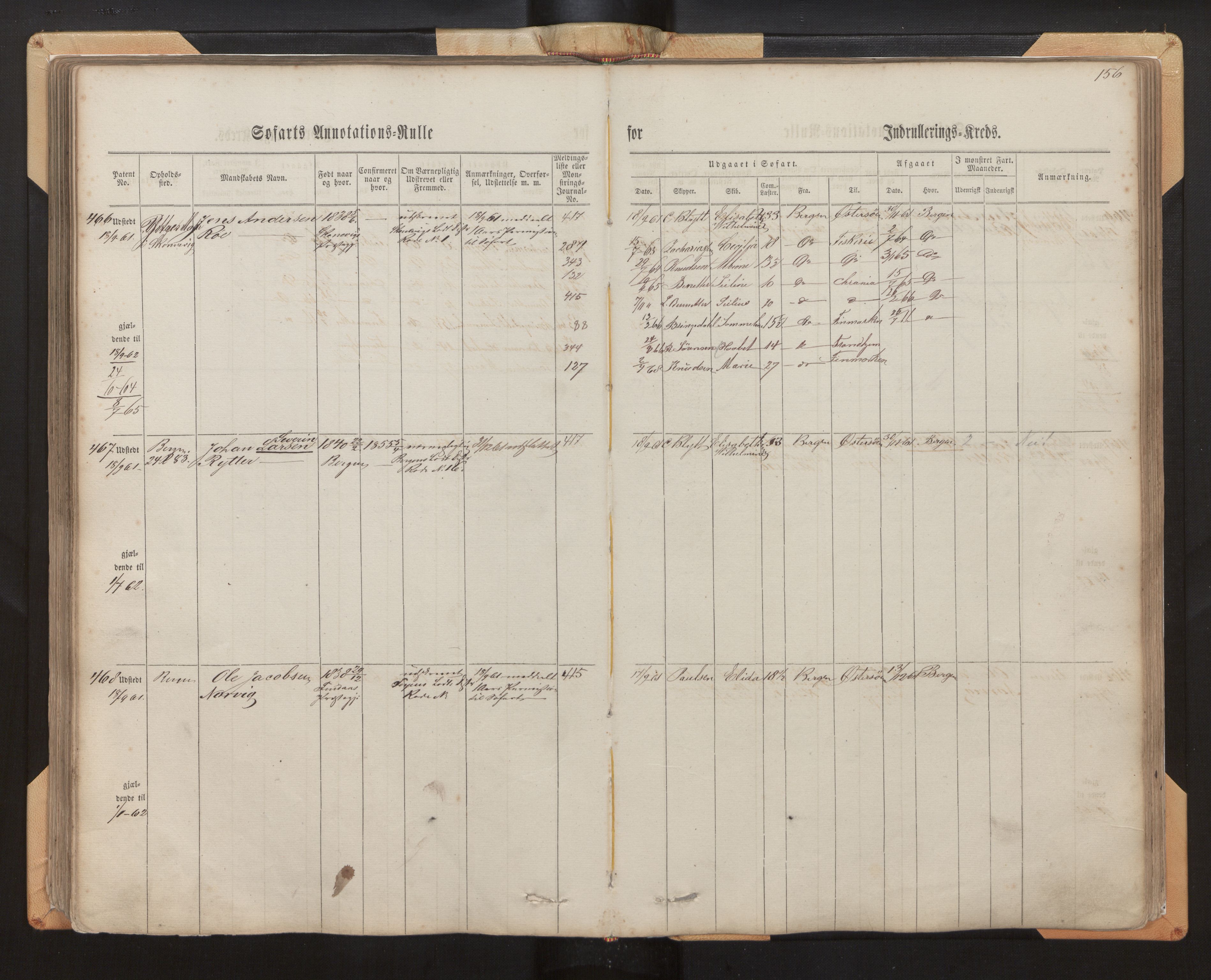 Innrulleringssjefen i Bergen, AV/SAB-A-100050/F/Fh/L0005: Sjøfarts- og annotasjonsrulle for Bergen krets, fol. 1 - 238, 1860-1867, p. 156