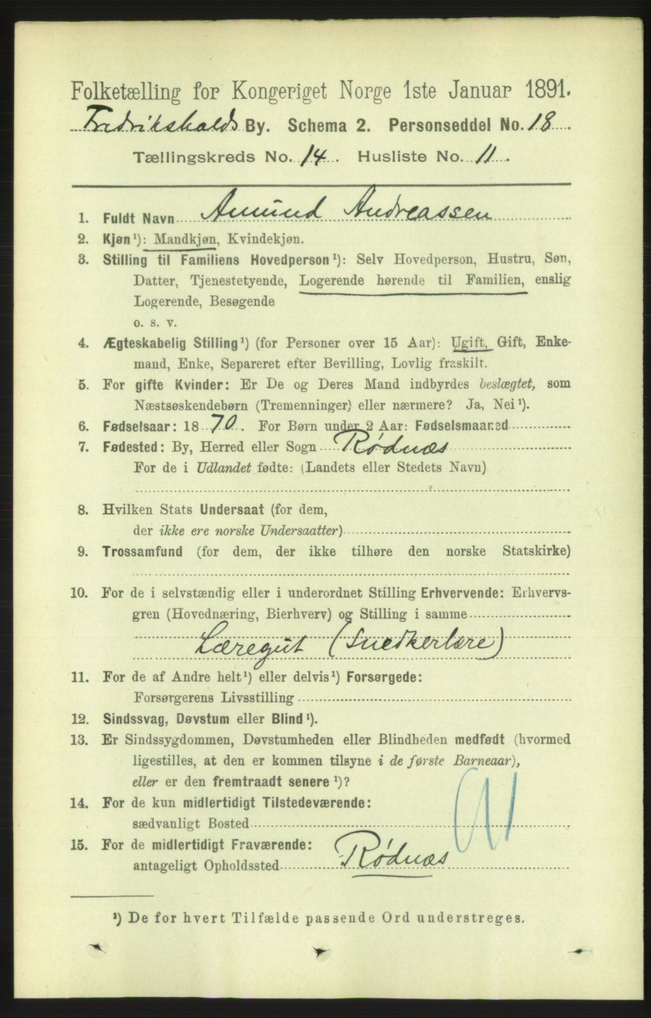 RA, 1891 census for 0101 Fredrikshald, 1891, p. 9187