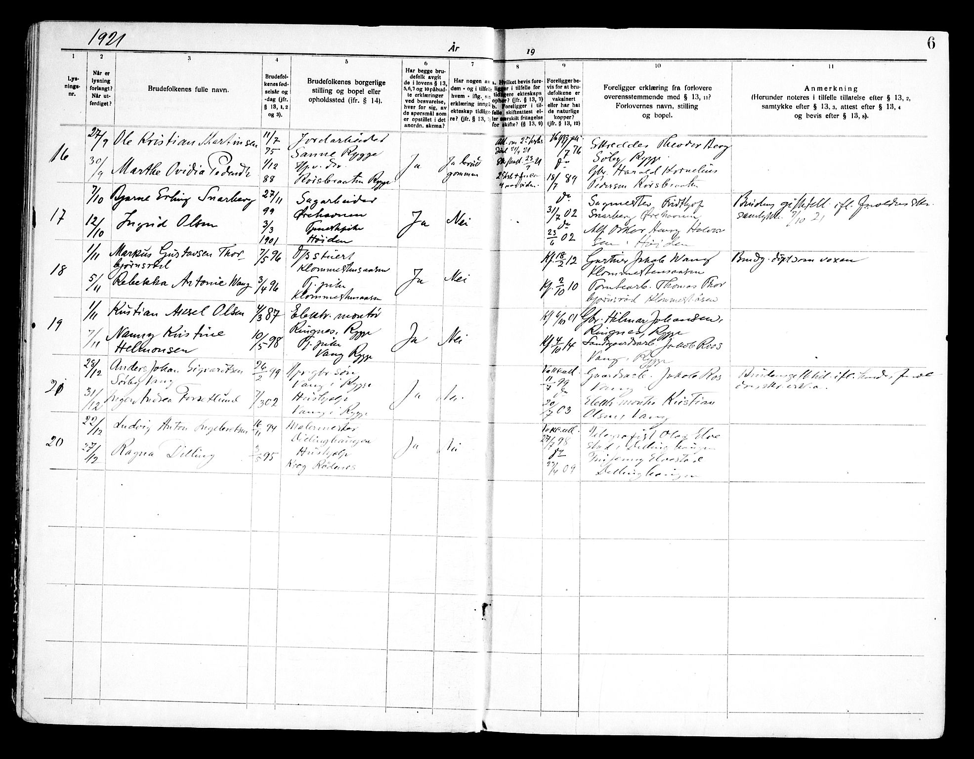 Rygge prestekontor Kirkebøker, AV/SAO-A-10084b/H/Ha/L0002: Banns register no. 2, 1919-1961, p. 6