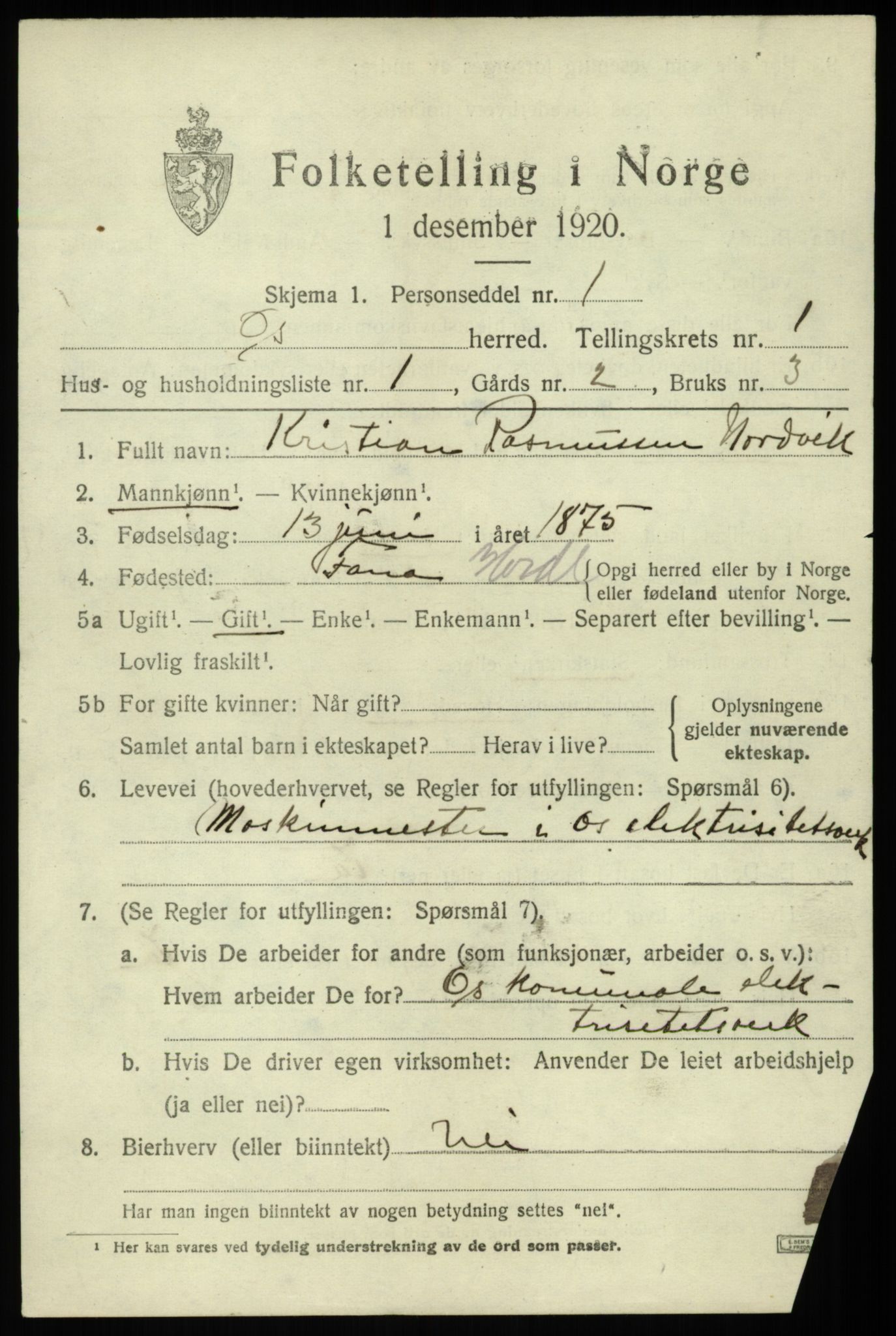SAB, 1920 census for Os, 1920, p. 1190