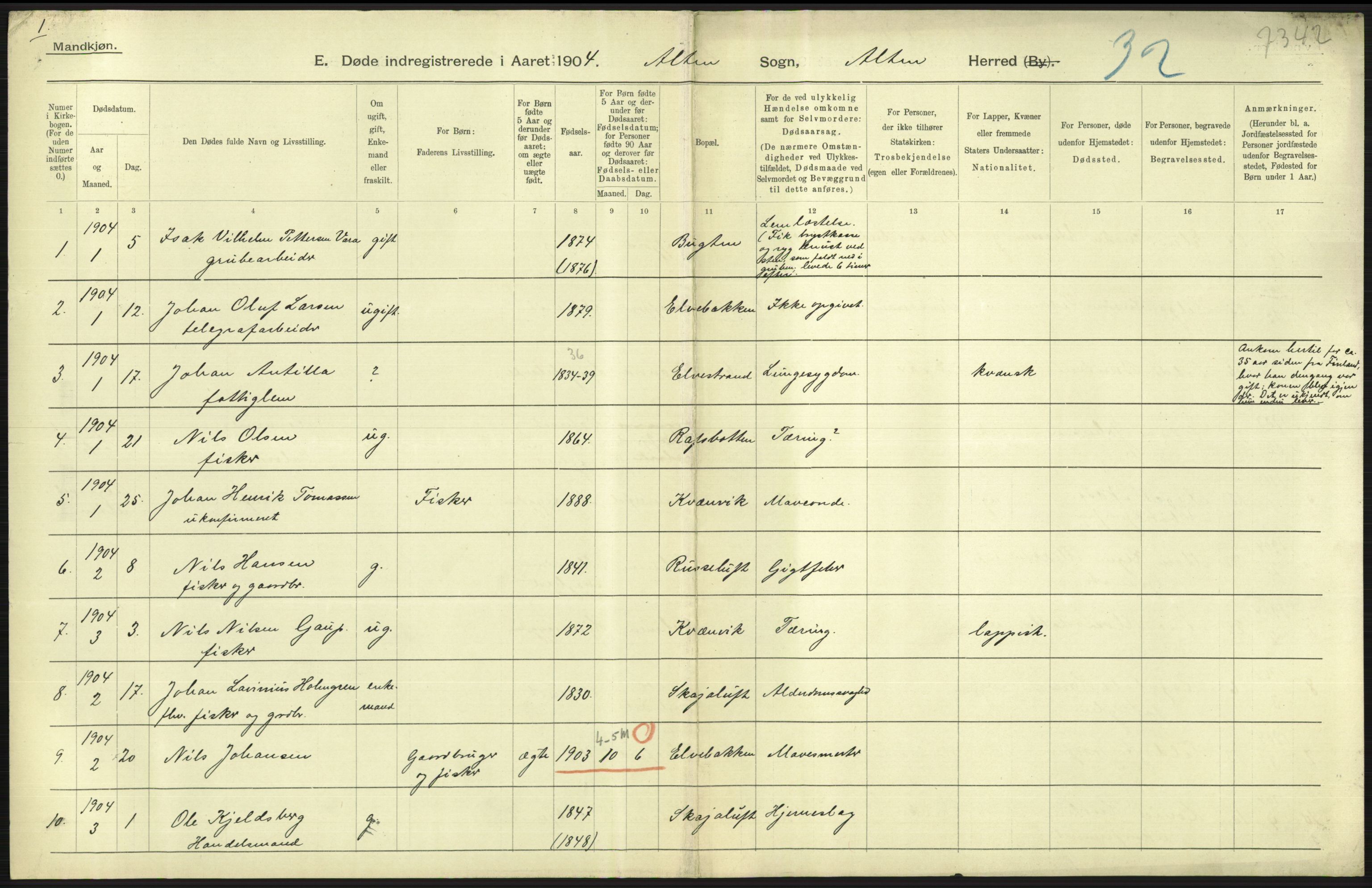 Statistisk sentralbyrå, Sosiodemografiske emner, Befolkning, RA/S-2228/D/Df/Dfa/Dfab/L0023: Finnmarkens amt: Fødte, gifte, døde, 1904, p. 219