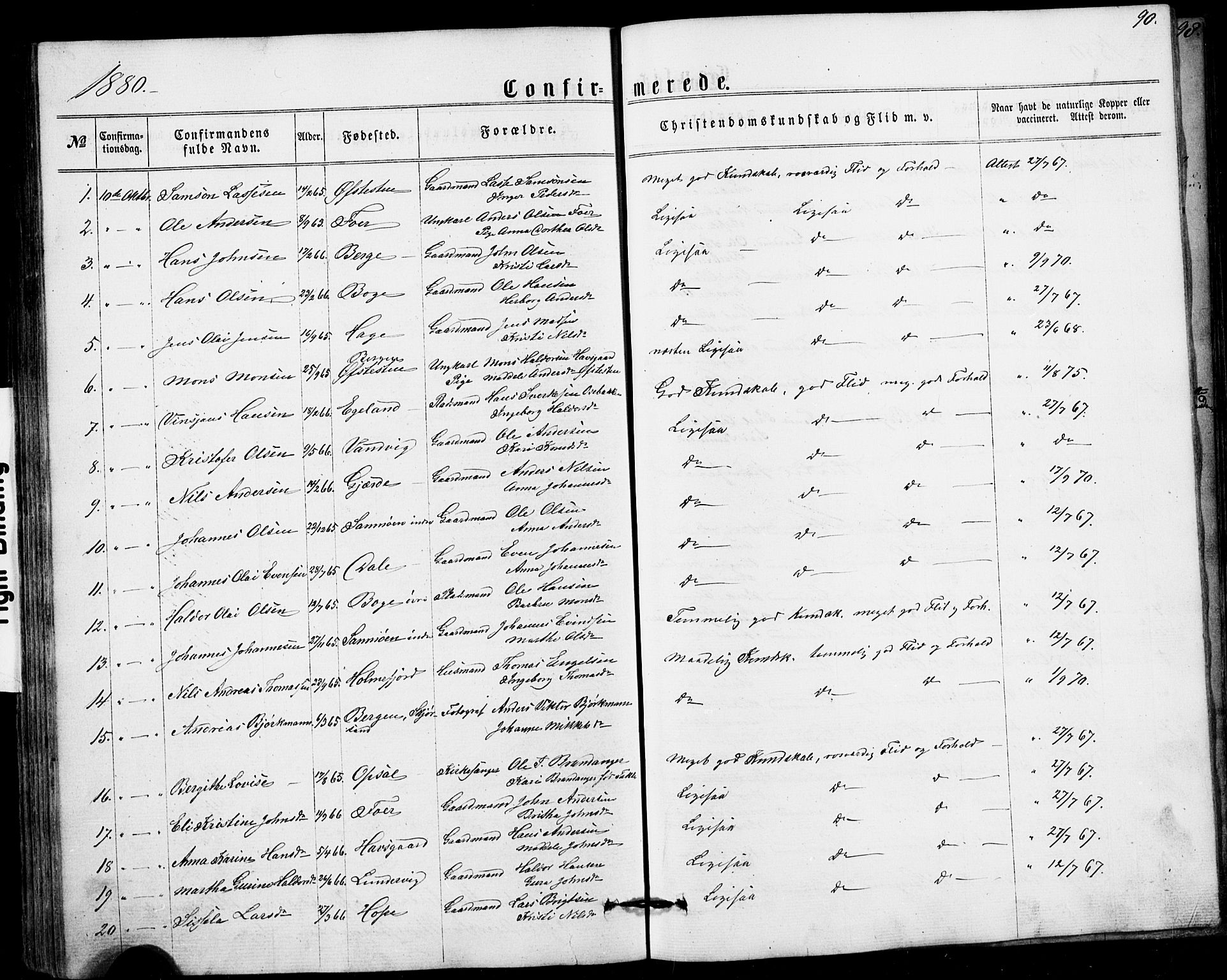 Fusa sokneprestembete, SAB/A-75401/H/Hab: Parish register (copy) no. A 1, 1861-1894, p. 90