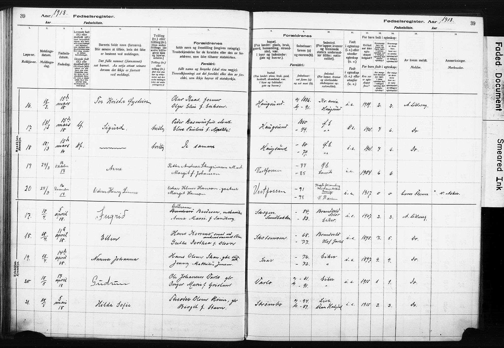 Eiker kirkebøker, AV/SAKO-A-4/J/Ja/L0001: Birth register no. I 1, 1916-1927, p. 39