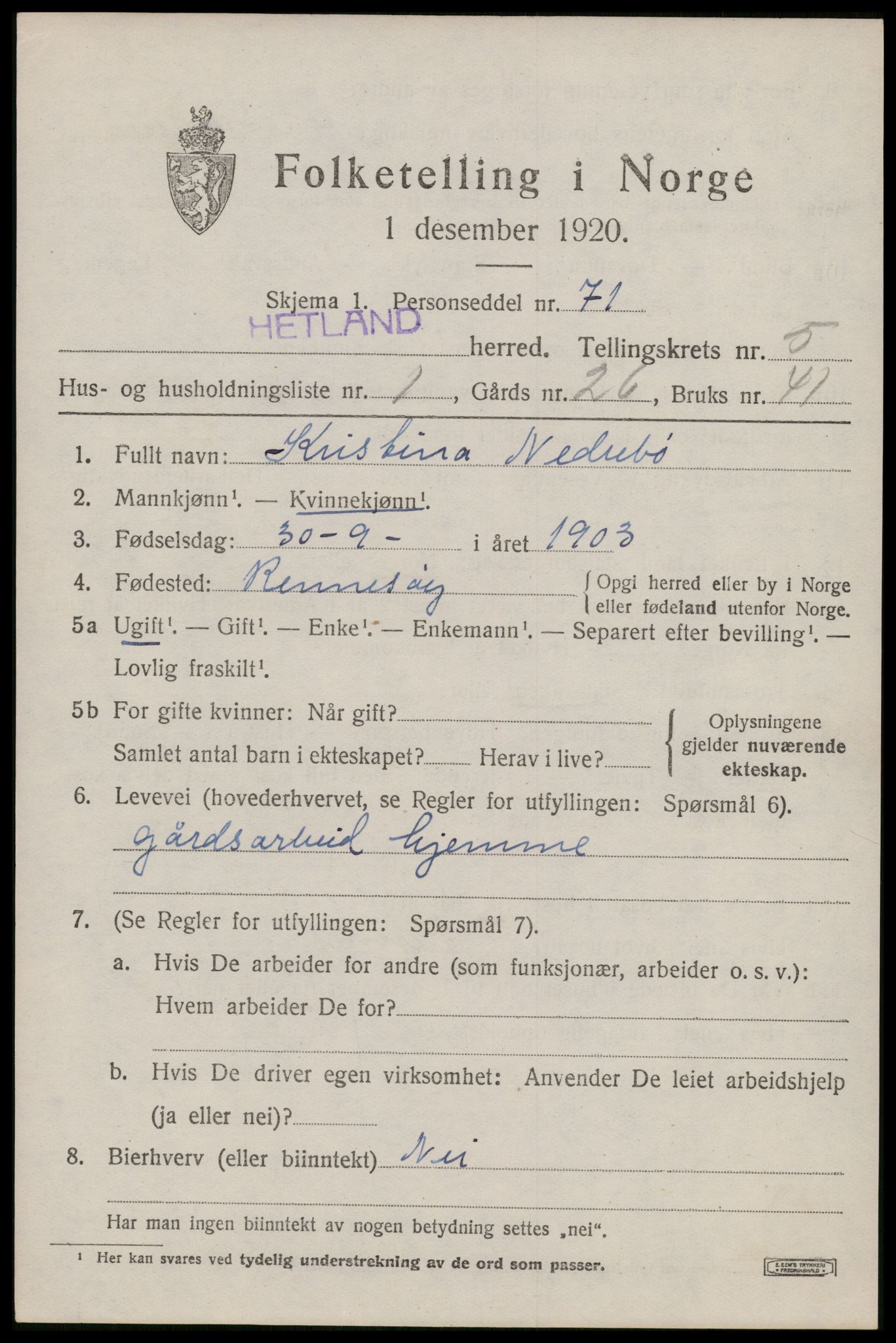 SAST, 1920 census for Hetland, 1920, p. 8291