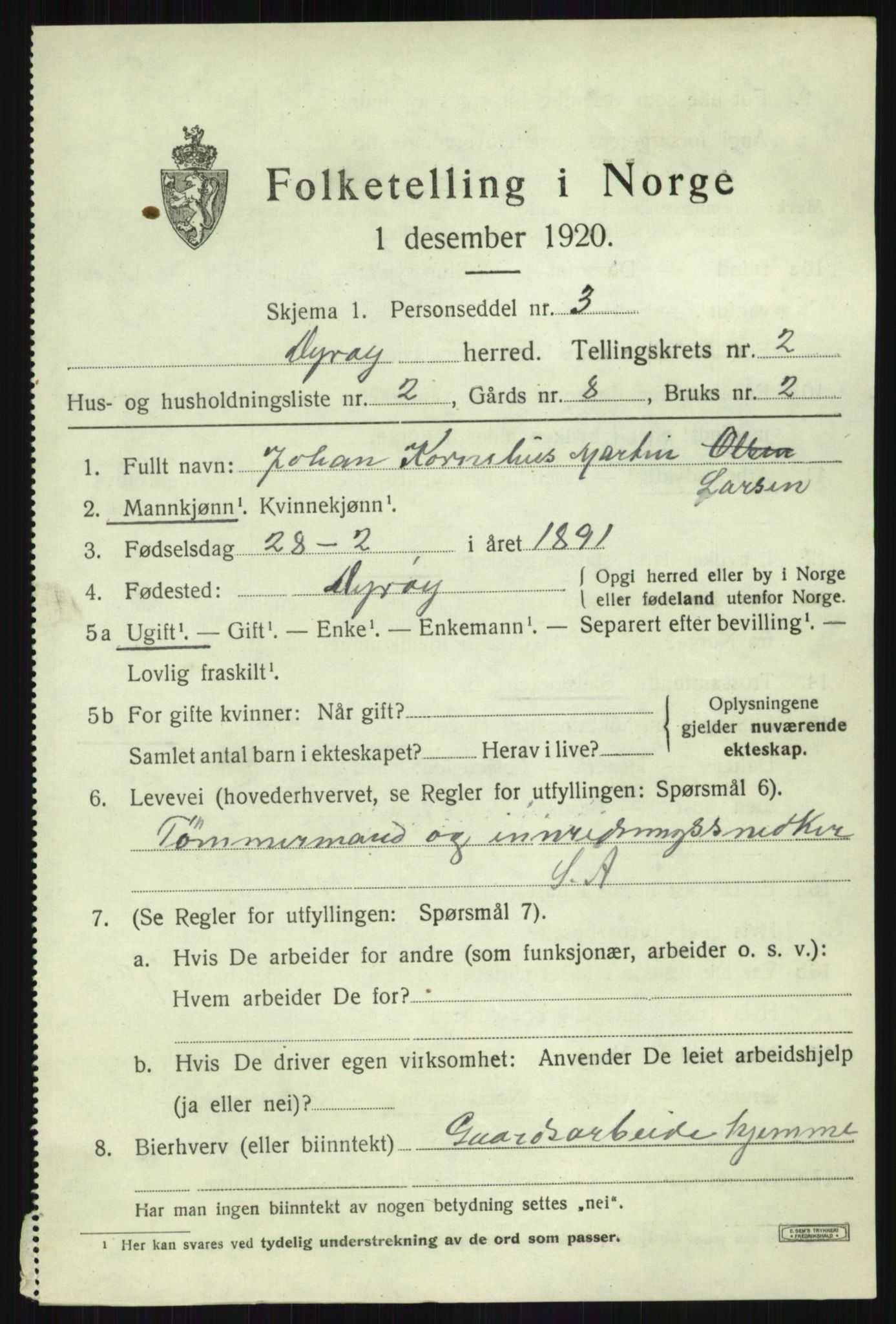 SATØ, 1920 census for Dyrøy, 1920, p. 1295