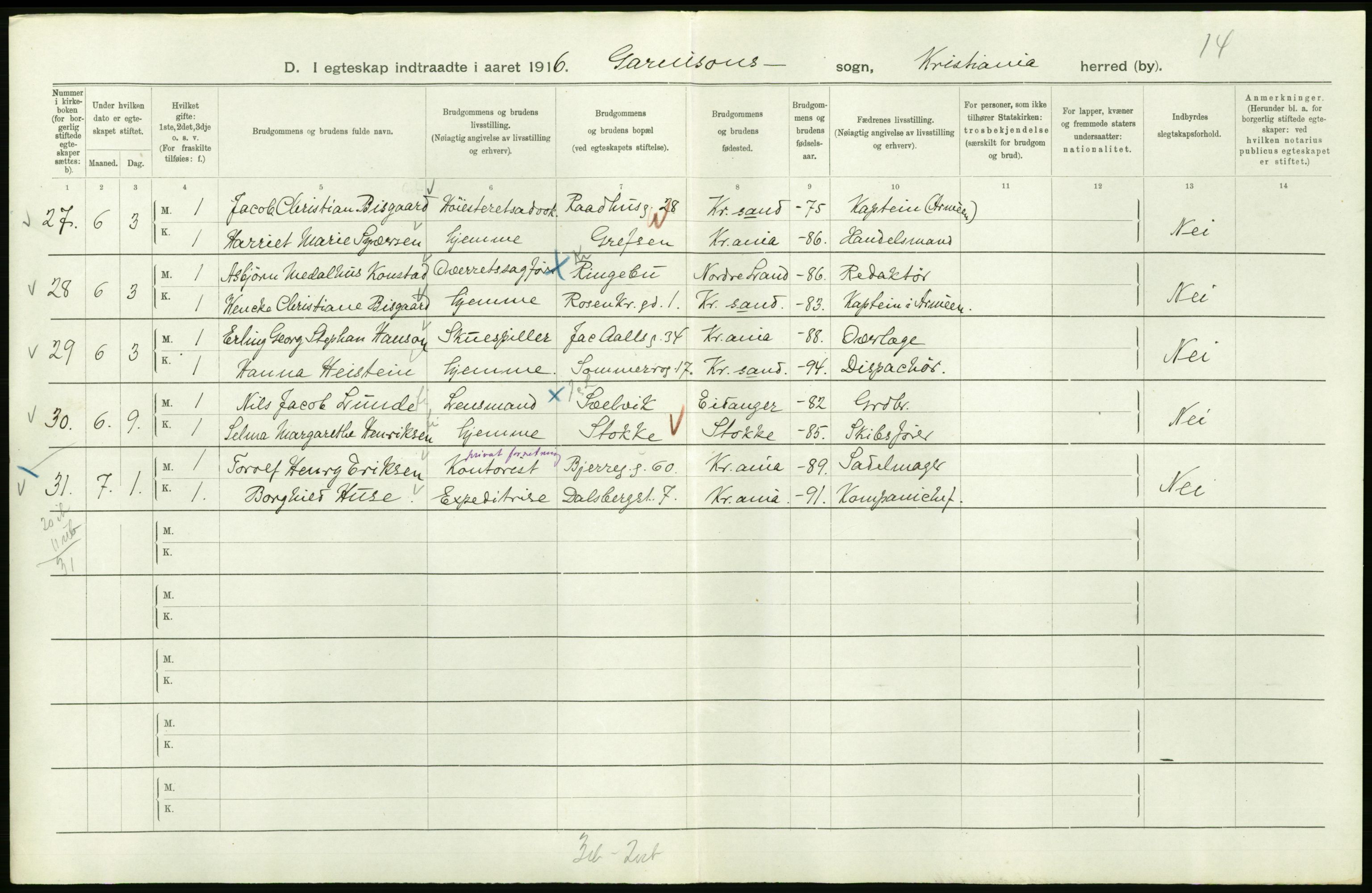 Statistisk sentralbyrå, Sosiodemografiske emner, Befolkning, AV/RA-S-2228/D/Df/Dfb/Dfbf/L0008: Kristiania: Gifte, 1916, p. 934