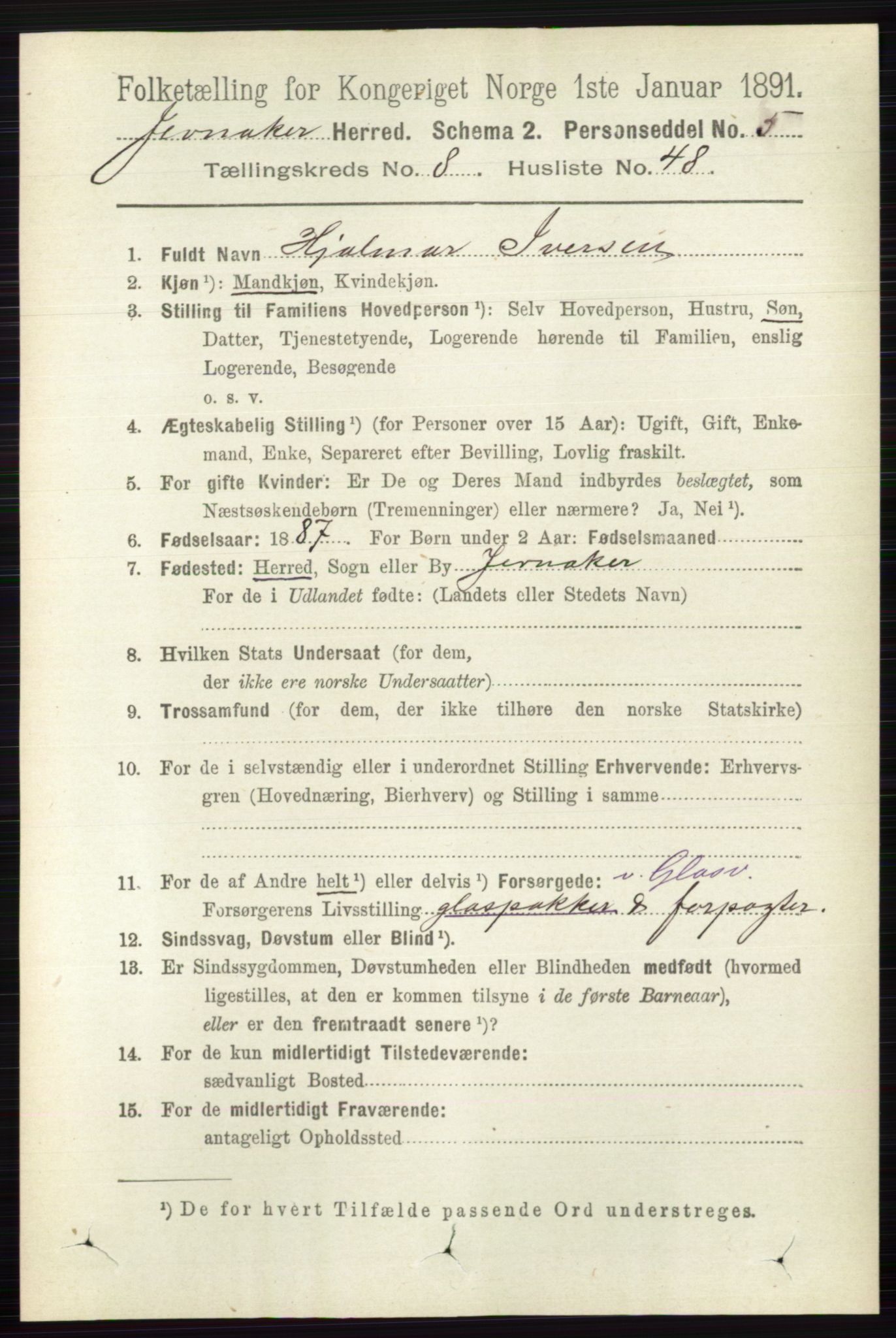 RA, 1891 census for 0532 Jevnaker, 1891, p. 4643
