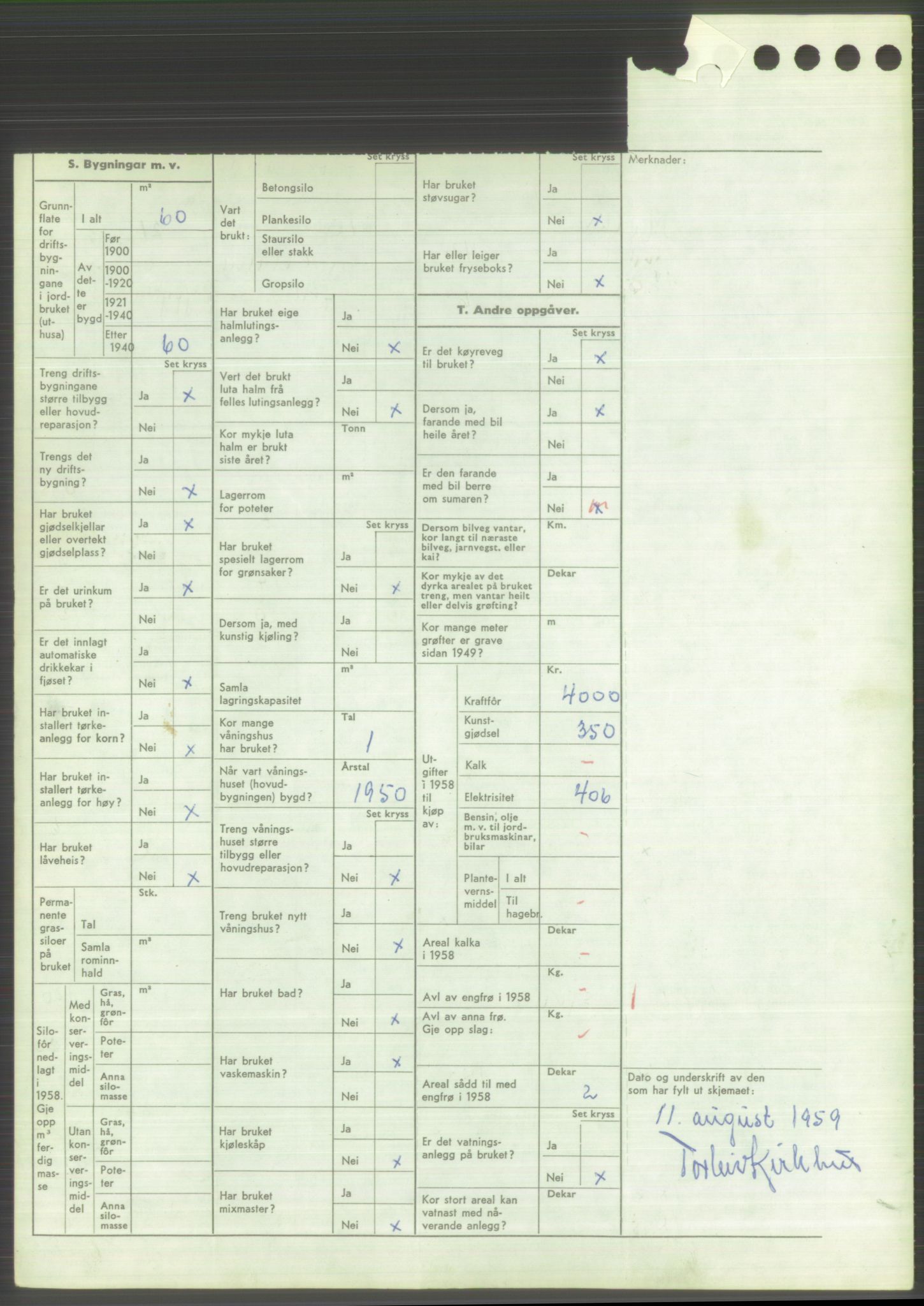 Statistisk sentralbyrå, Næringsøkonomiske emner, Jordbruk, skogbruk, jakt, fiske og fangst, AV/RA-S-2234/G/Gd/L0373: Rogaland: 1130 Strand (kl. 1-2), 1131 Årdal og 1132 Fister, 1959, p. 1134