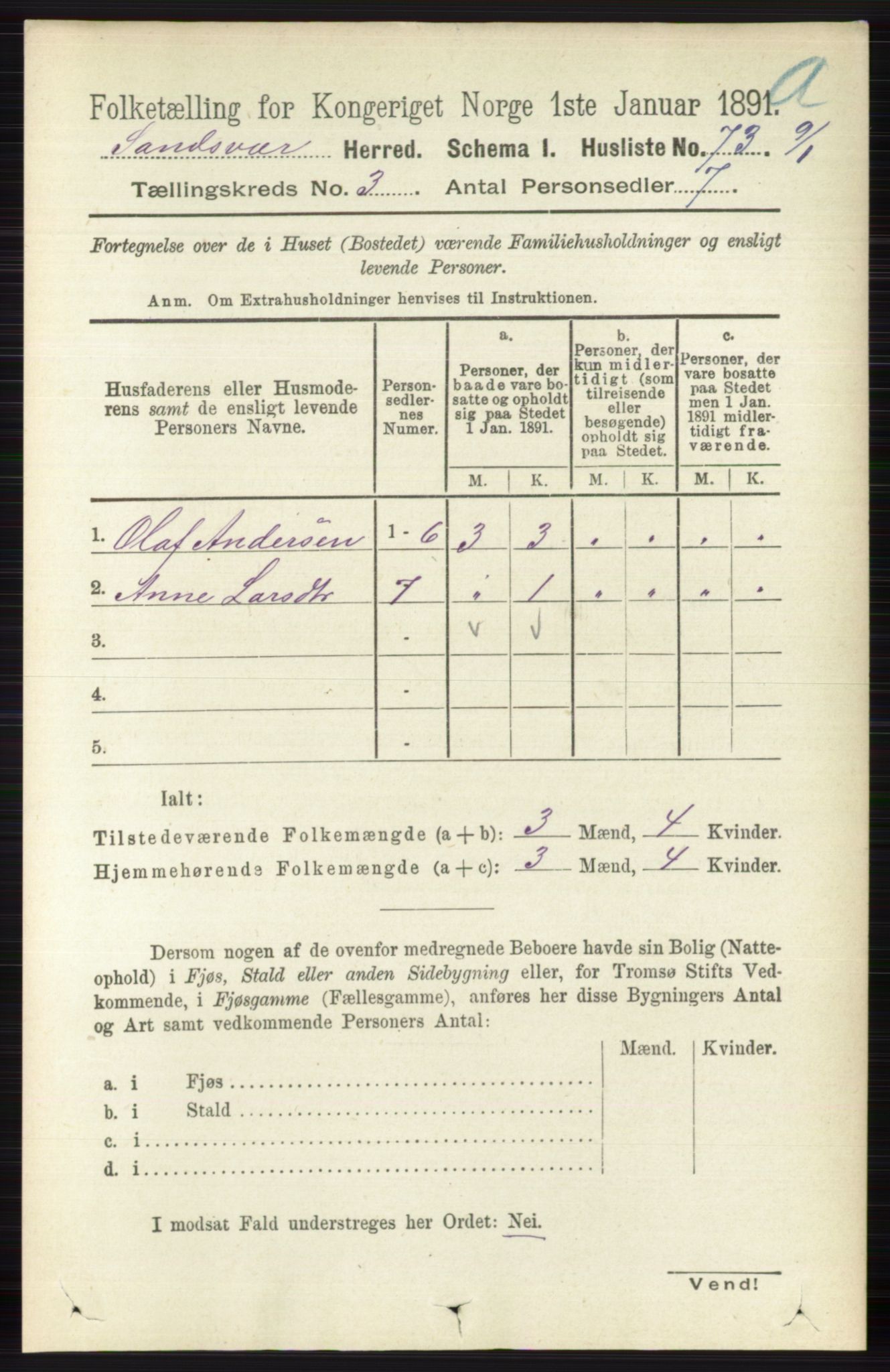 RA, 1891 census for 0629 Sandsvær, 1891, p. 1275