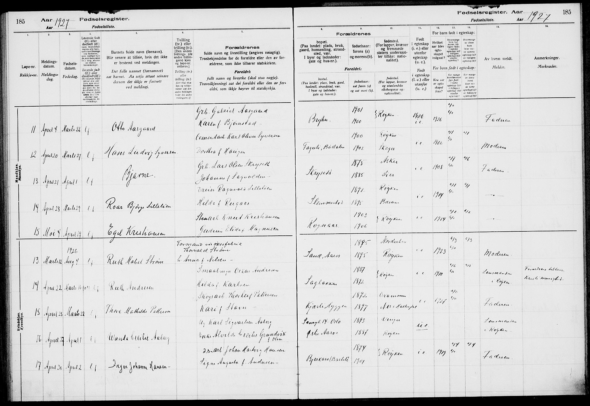 Røyken kirkebøker, AV/SAKO-A-241/J/Ja/L0001: Birth register no. 1, 1916-1927, p. 185