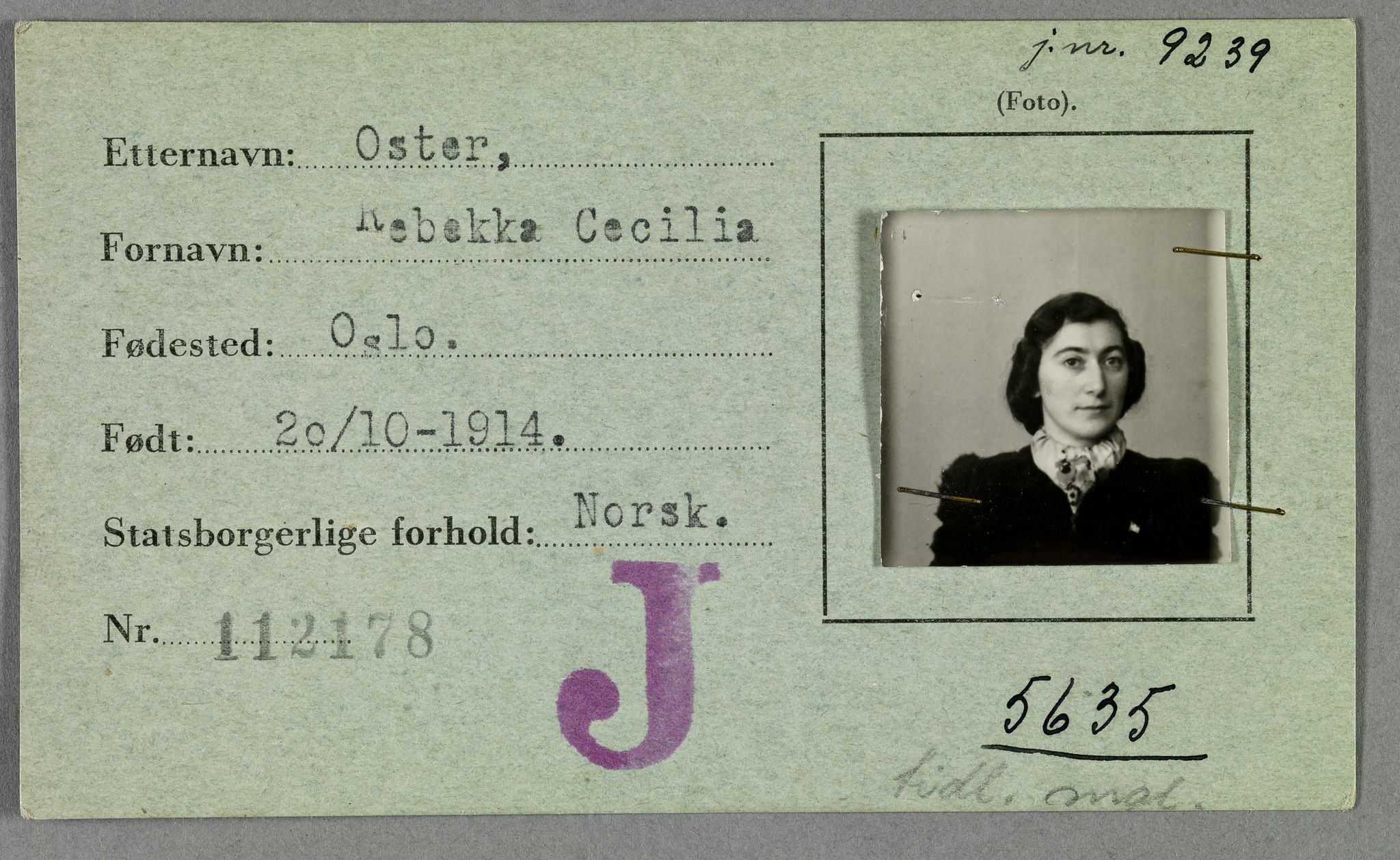 Sosialdepartementet, Våre Falne, RA/S-1708/E/Ee/L0021A: Fotografier av jøder på legitimasjonskort (1941-42), 1941-1942, p. 275