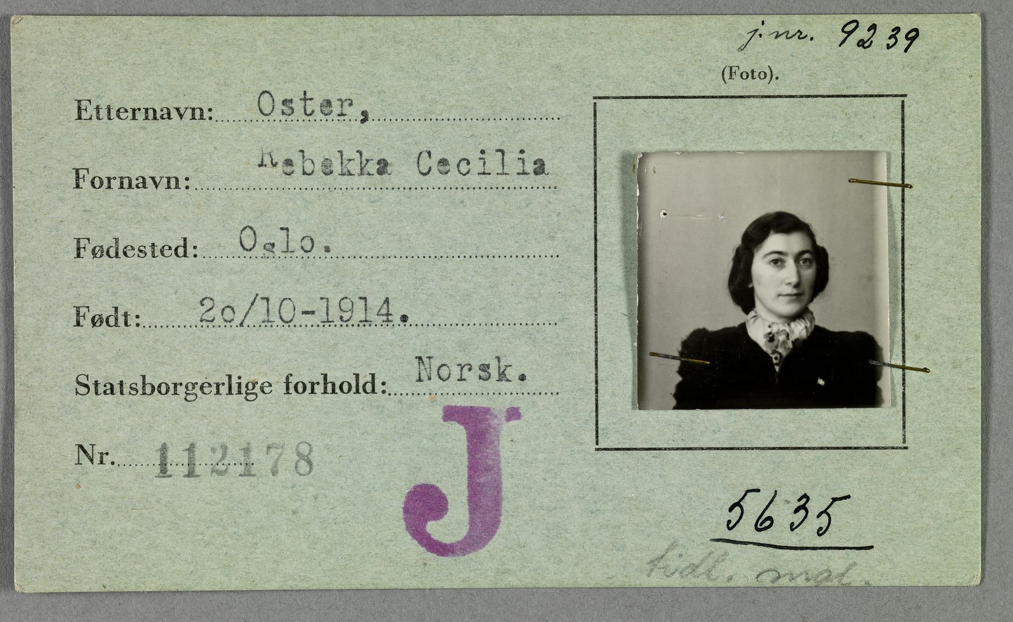 Sosialdepartementet, Våre Falne, AV/RA-S-1708/E/Ee/L0021A: Fotografier av jøder på legitimasjonskort (1941-42), 1941-1942, p. 275