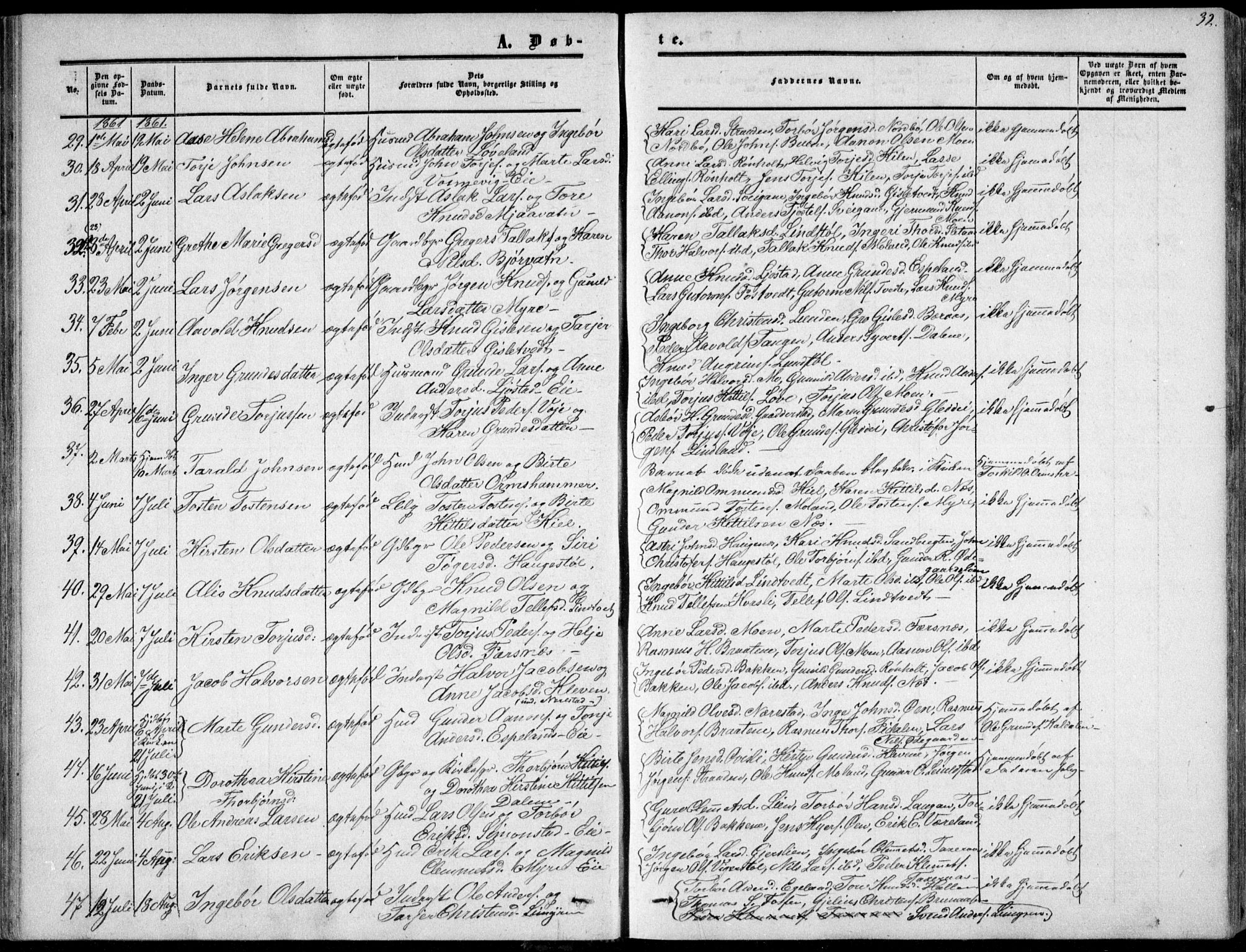 Gjerstad sokneprestkontor, SAK/1111-0014/F/Fa/Fab/L0003: Parish register (official) no. A 3, 1853-1878, p. 32