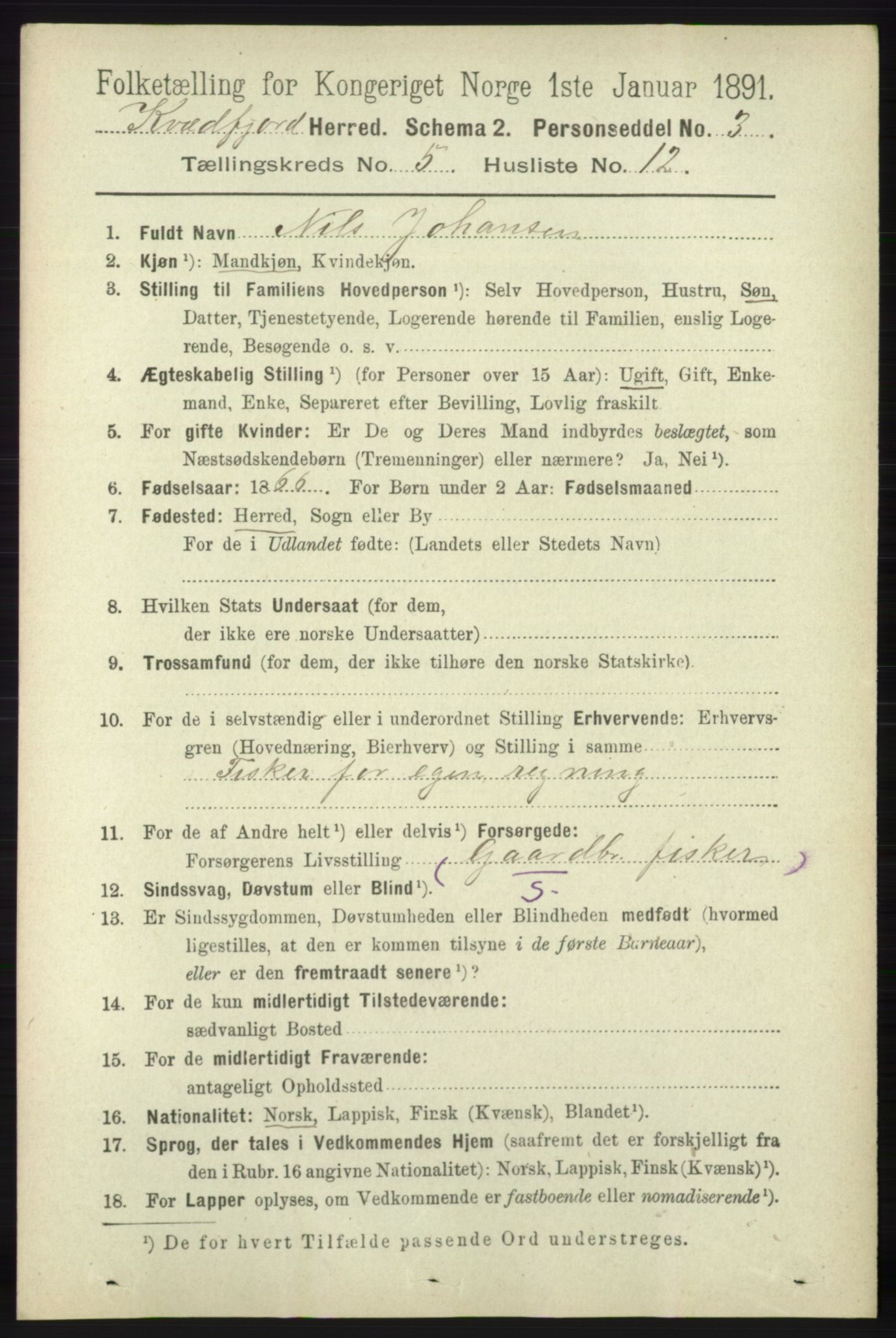 RA, 1891 census for 1911 Kvæfjord, 1891, p. 2934