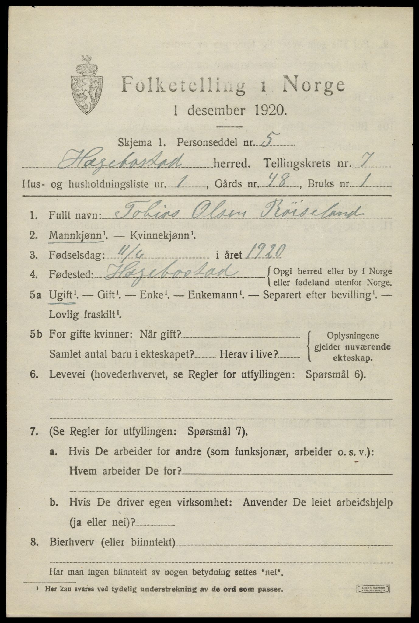 SAK, 1920 census for Hægebostad, 1920, p. 2117