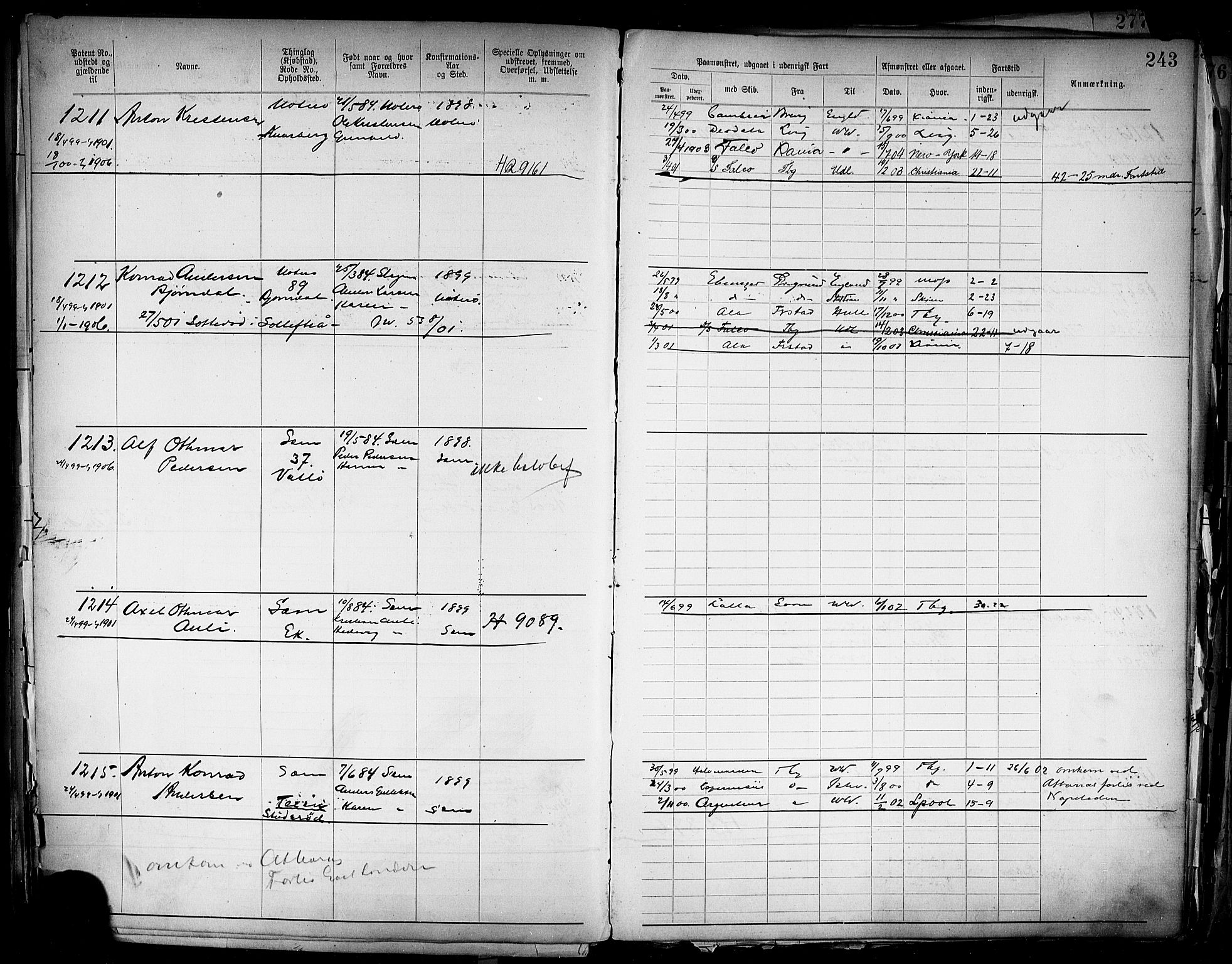 Tønsberg innrulleringskontor, AV/SAKO-A-786/F/Fb/L0004: Annotasjonsrulle Patent nr. 1-2400, 1892-1904, p. 209