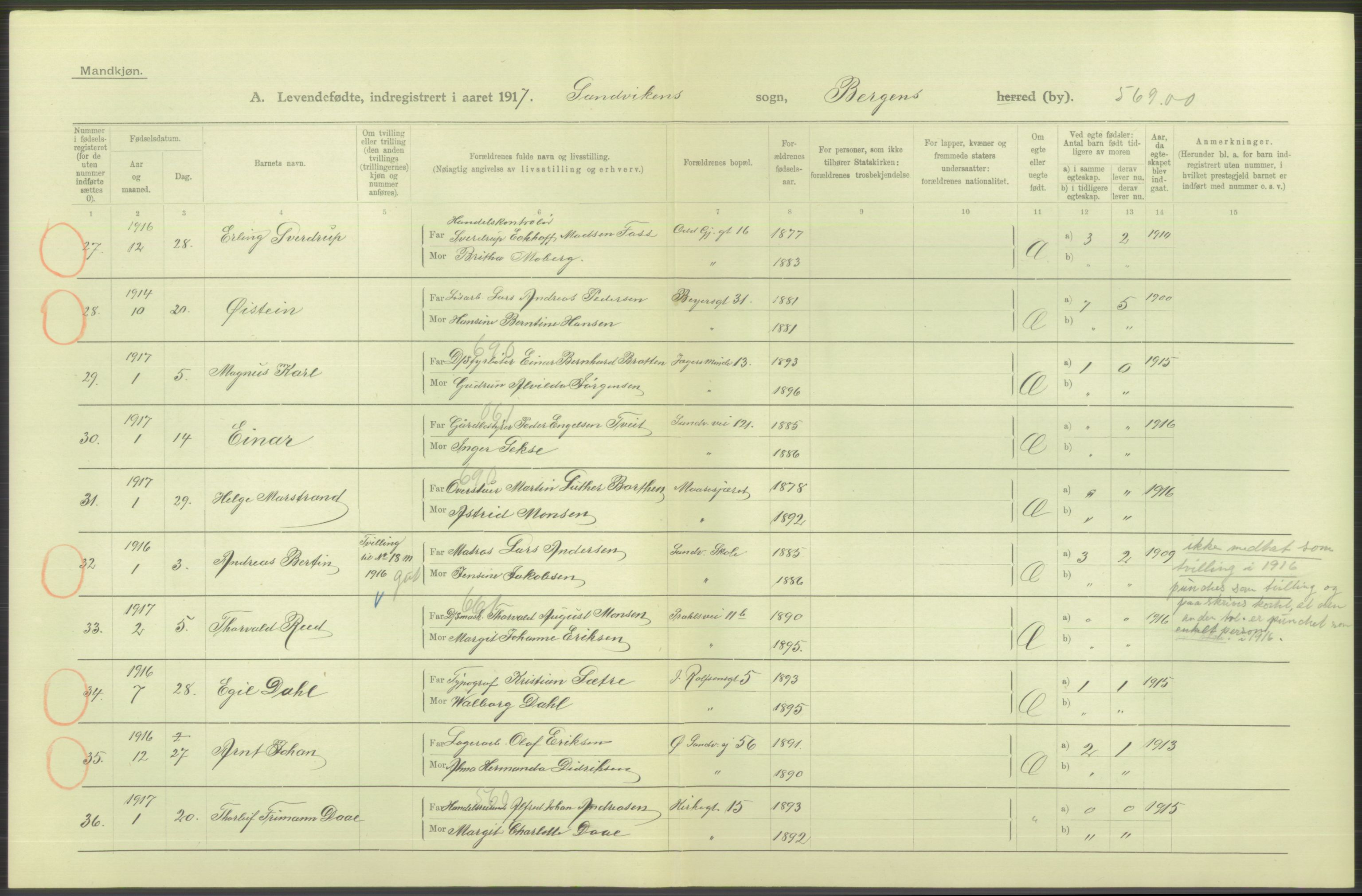 Statistisk sentralbyrå, Sosiodemografiske emner, Befolkning, AV/RA-S-2228/D/Df/Dfb/Dfbg/L0037: Bergen: Levendefødte menn og kvinner., 1917, p. 298